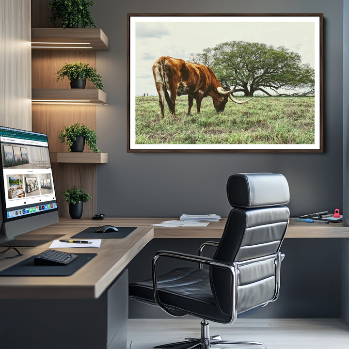Texas Longhorn Wall Art Canvas Print, Framed Rustic Ranch Art Picture Print, Western Cattle Perfect Rustic Farmhouse Decor Artwork