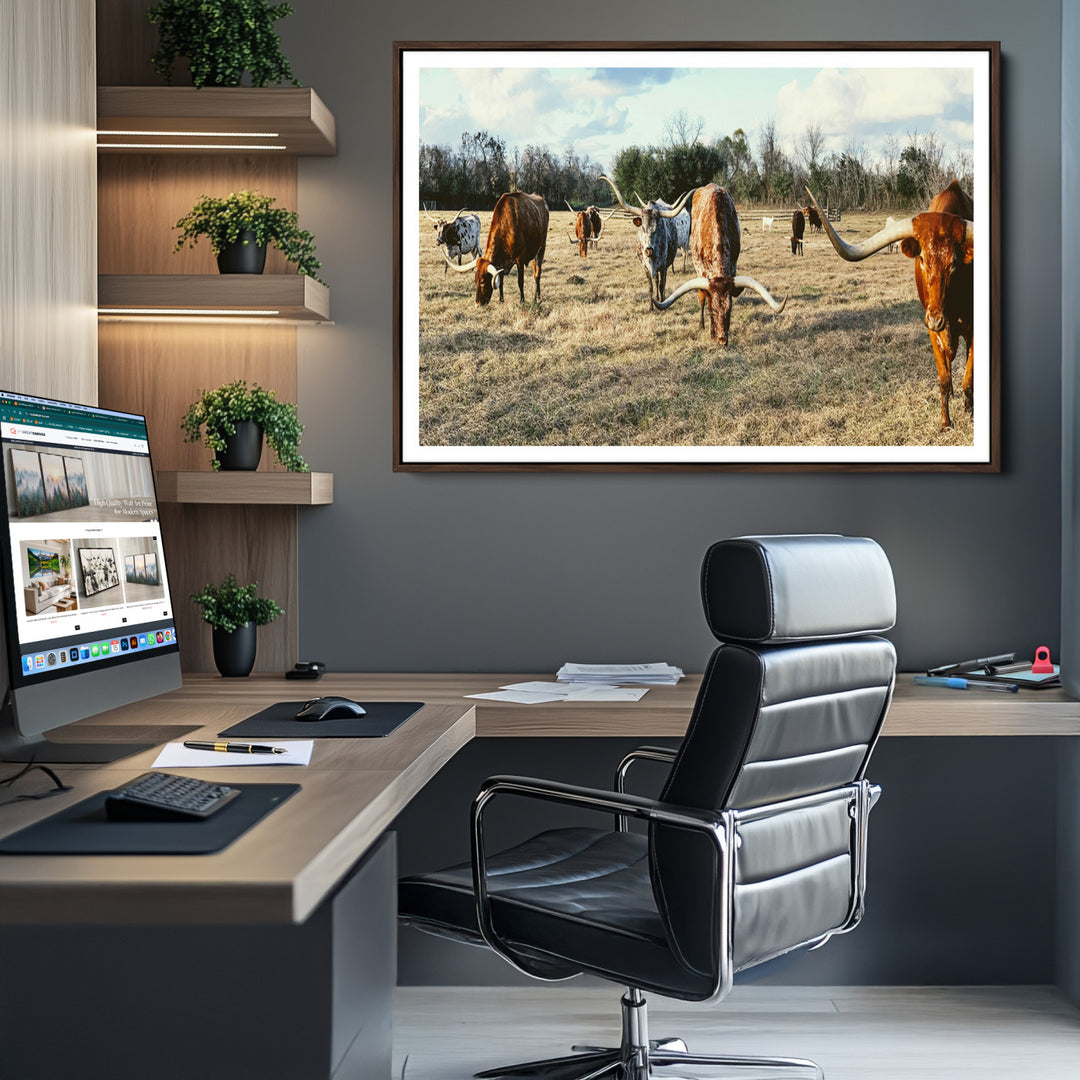 Texas Longhorns Wall Art Canvas Print, Framed Rustic Farm Scene Art Picture Print, Western Cattle Print Canvas Perfect Rustic Farmhouse