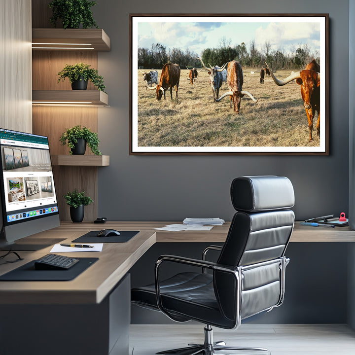 Texas Longhorns Wall Art Canvas Print, Framed Rustic Farm Scene Art Picture Print, Western Cattle Print Canvas Perfect Rustic Farmhouse