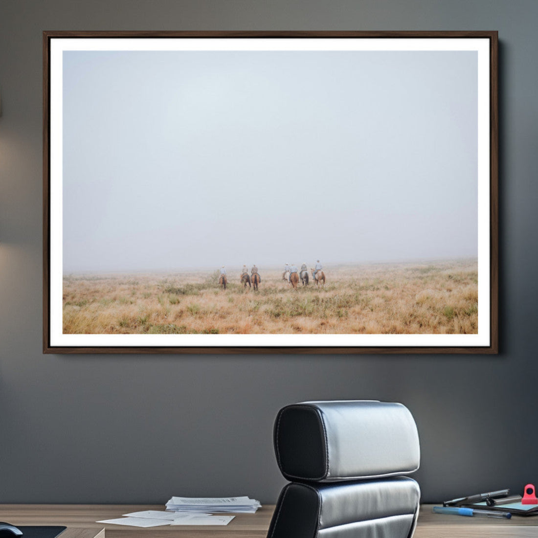 Foggy Plains Wall Art Canvas Print, Framed Horseback Riders Rustic Western Scene
