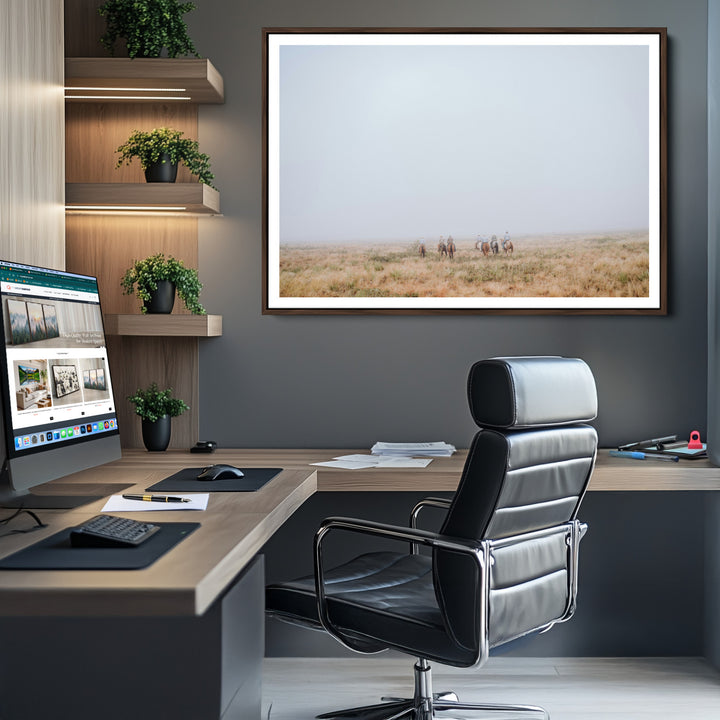 Foggy Plains Wall Art Canvas Print, Framed Horseback Riders Art Picture Print, Rustic Western Perfect Rustic Western Decor Artwork