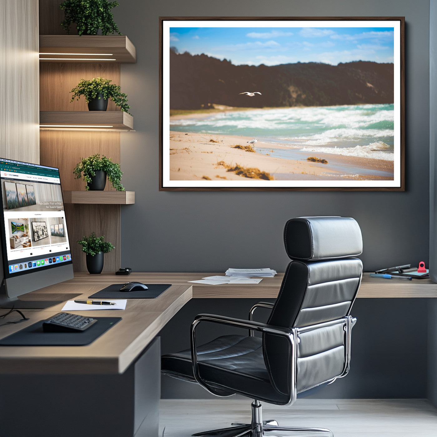 Tranquil Beach Scene Wall Art Canvas Print, Framed Blue Ocean Waves Art Picture Print, Sandy Coastline Perfect Coastal Cottage Decor Artwork