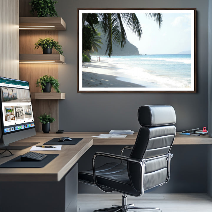 Tropical Beach Wall Art Canvas Print, Framed Serene Ocean Art Picture Print, Palm Tree Shadows Perfect Tropical Coastal Decor Artwork