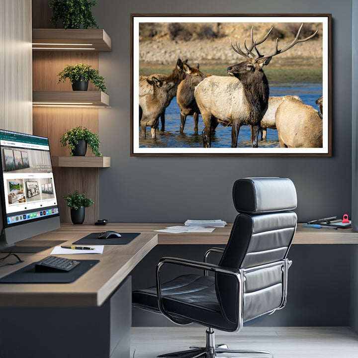 Wild Elk Photography Wall Art Canvas Print, Framed Neutral Wildlife Scene Art Picture Print, Rustic Animal Print Perfect Rustic Farmhouse