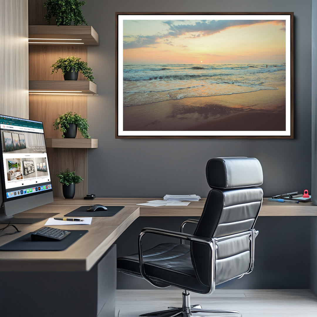 Sunset Seascape Wall Art Canvas Print, Framed Pastel Ocean View Art Picture Print, Tranquil Shoreline Perfect Boho Coastal Decor Artwork