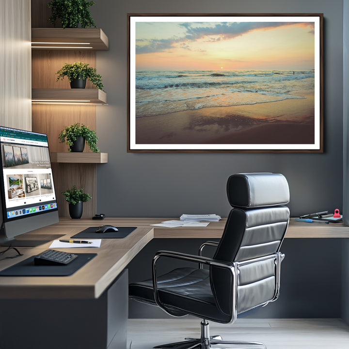 Sunset Seascape Wall Art Canvas Print, Framed Pastel Ocean View Art Picture Print, Tranquil Shoreline Perfect Boho Coastal Decor Artwork