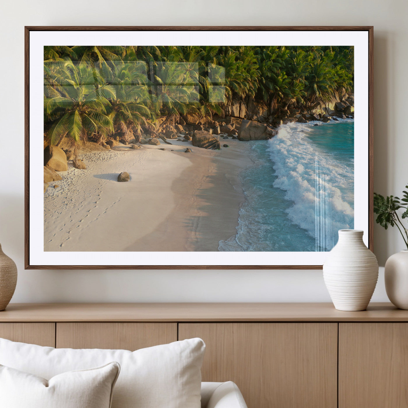 Tropical beach with golden sand, turquoise ocean waves, and lush palm trees, creating a serene coastal paradise for beach-themed decor.