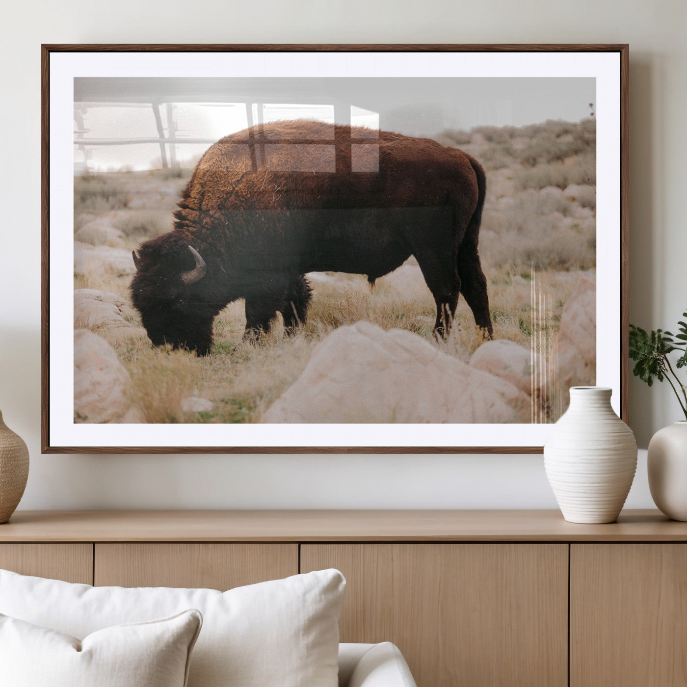 A solitary bison grazing in a rugged prairie with earthy tones and scattered rocks, capturing the essence of the American West for rustic decor.