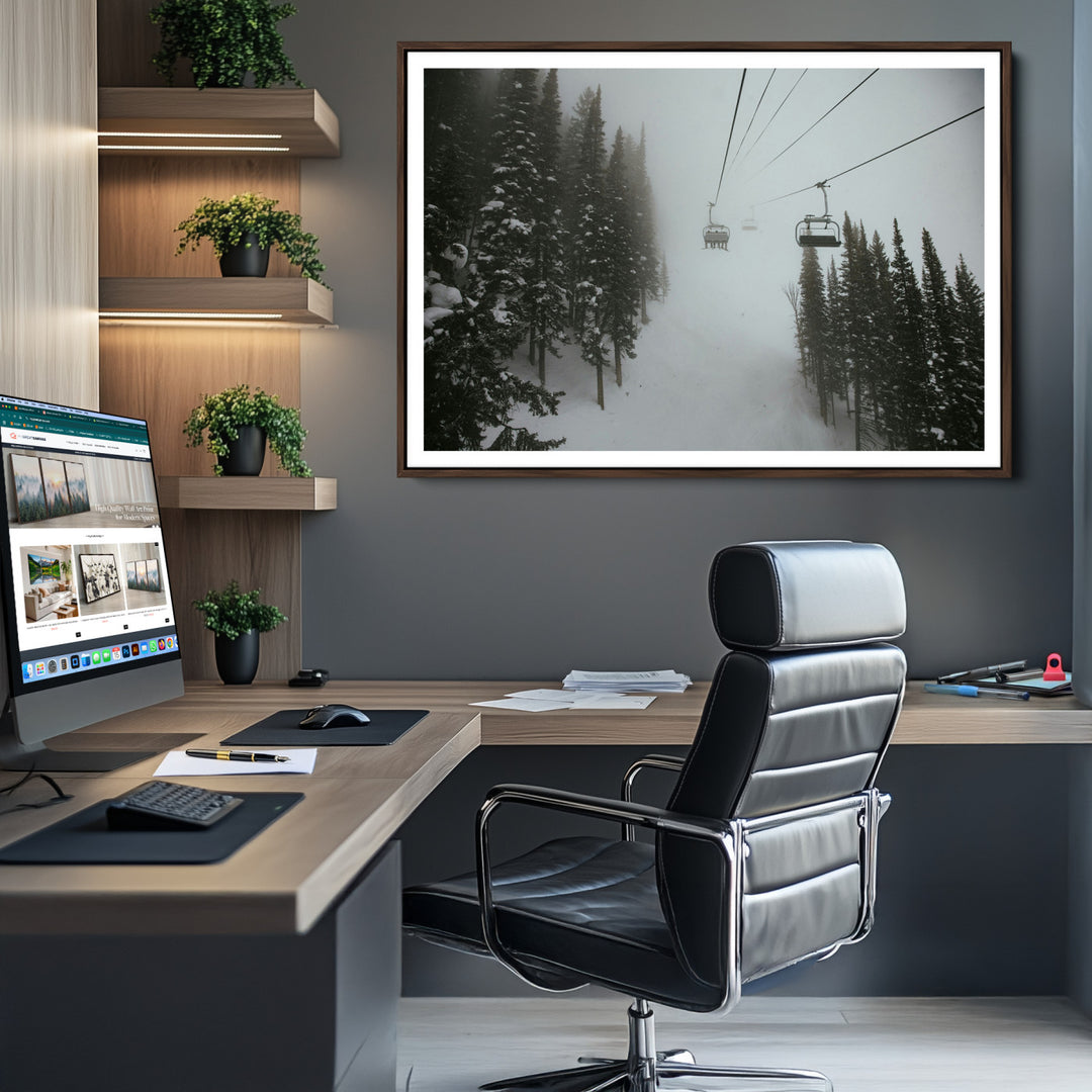 Ski Lift Wall Art Canvas Print, Framed Snowy Pines Art Picture Print, Misty Landscape Perfect Winter Serenity Decor Artwork