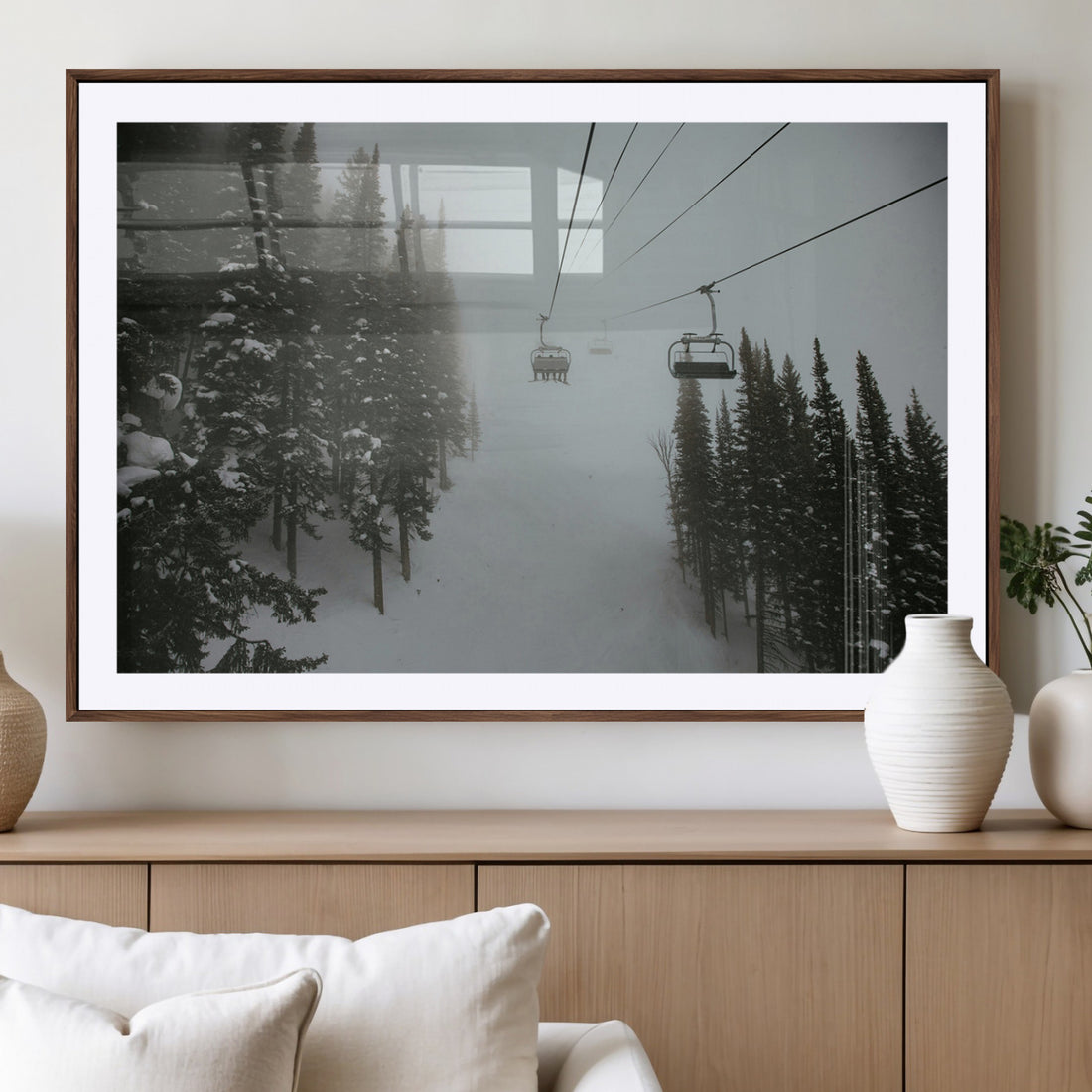 Ski Lift Wall Art Canvas Print, Framed Snowy Pines Art, Misty Landscape Winter Decor