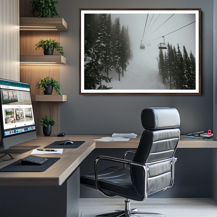 Ski Lift Wall Art Canvas Print, Framed Snowy Pines Art Picture Print, Misty Landscape Perfect Winter Serenity Decor Artwork