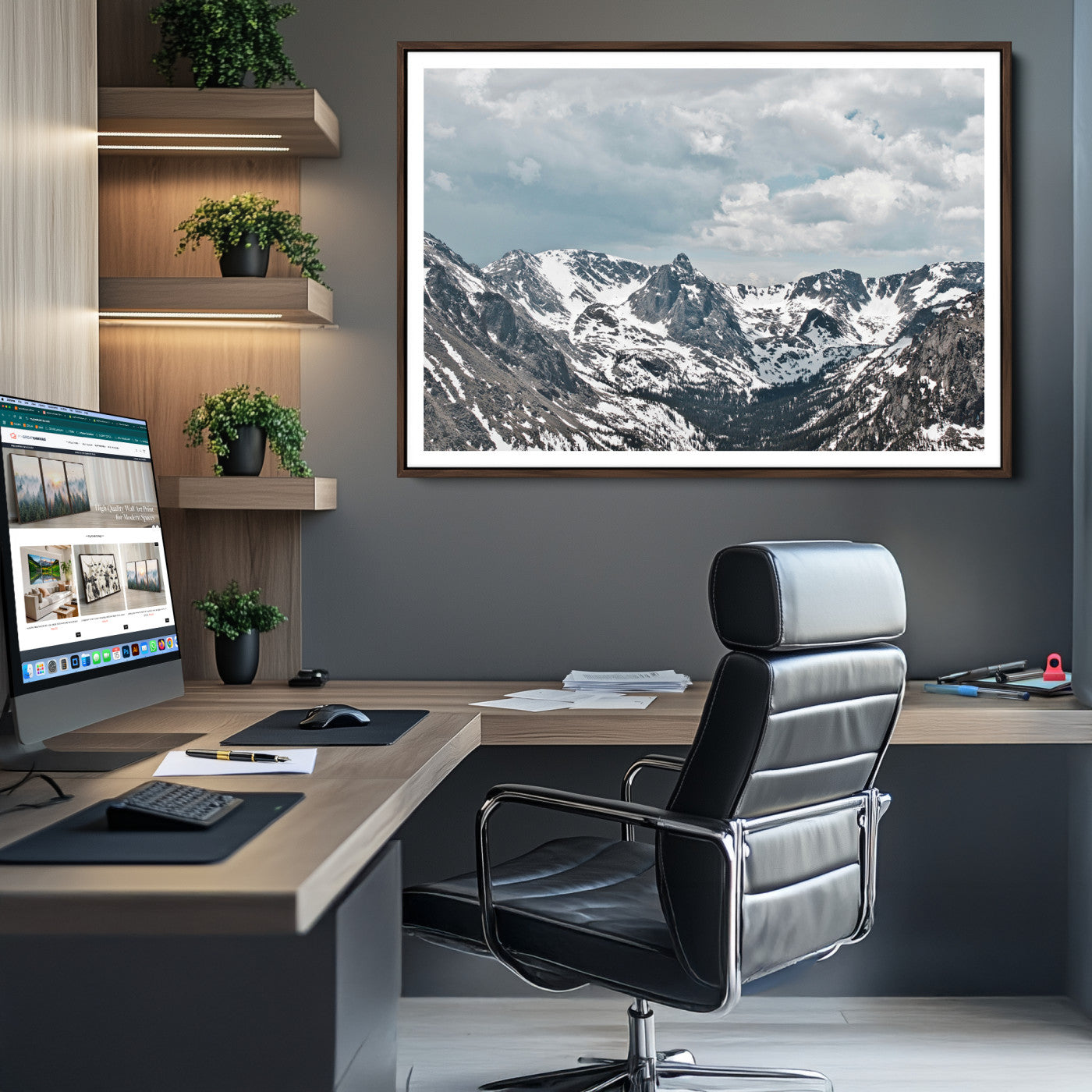 94074619-MGV-CV-36X24-Snowy Peaks Wall Art Canvas Print - Framed Alpine Wilderness Art, Alpine Wall Art Canvas, Mountain Escape Perfect Winter Serenity Decor