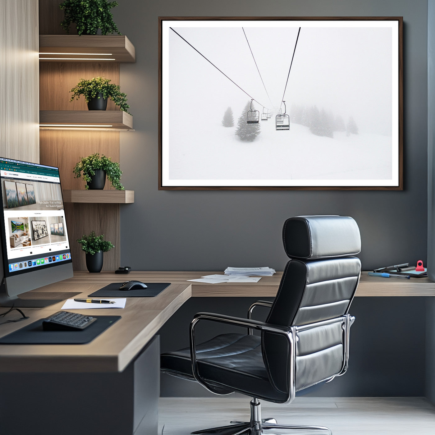 20216390-MGV-CV-36X24-Ski Lift Print Wall Art Canvas, Framed Snowy Landscape Art Picture Print, Alpine Adventure Perfect Nordic Minimalist Decor Artwork