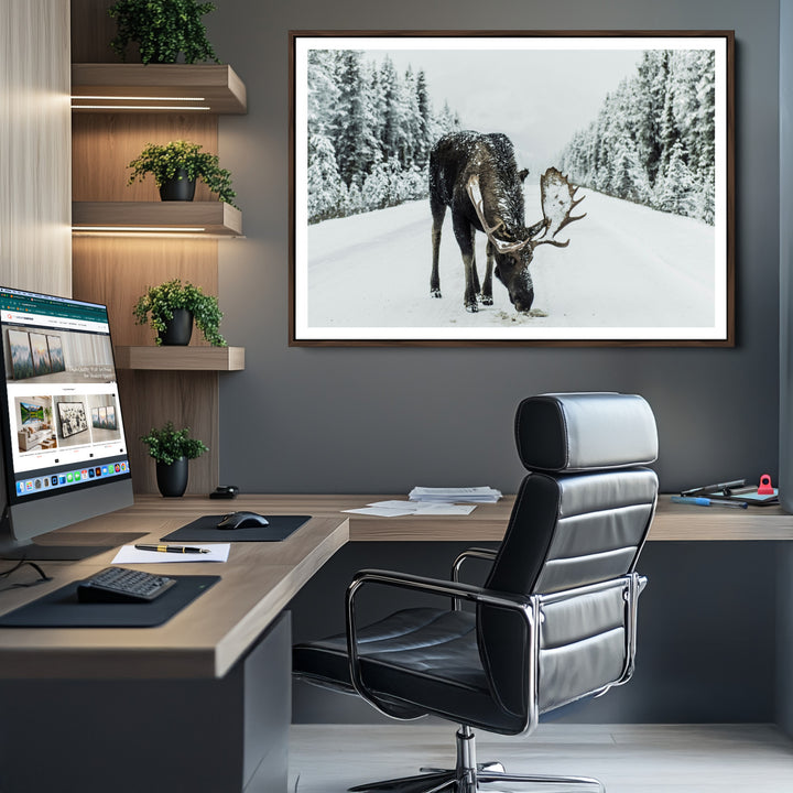 Moose in Snow Wall Art Canvas Print, Framed Winter Wildlife Art Picture Print, Snowy Forest Scene Perfect Rustic Lodge Decor Artwork
