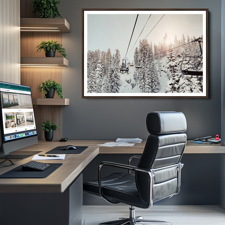 91534512-MGV-CV-36X24-Frosty Pines Wall Art Canvas Print, Framed Cozy Cabin View Art Picture Print, Ski Lift Ride Perfect Rustic Lodge Decor Artwork