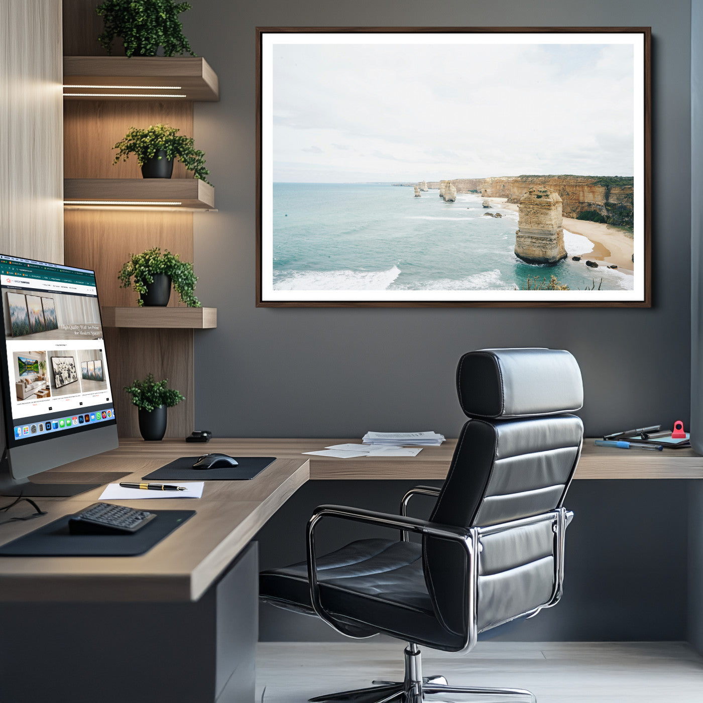 70095633-MGV-CV-36X24-Twelve Apostles Wall Art Canvas Print, Framed Coastal Cliffs Art Picture Print, Rugged Rock Formations Perfect Minimalist Coastal Decor