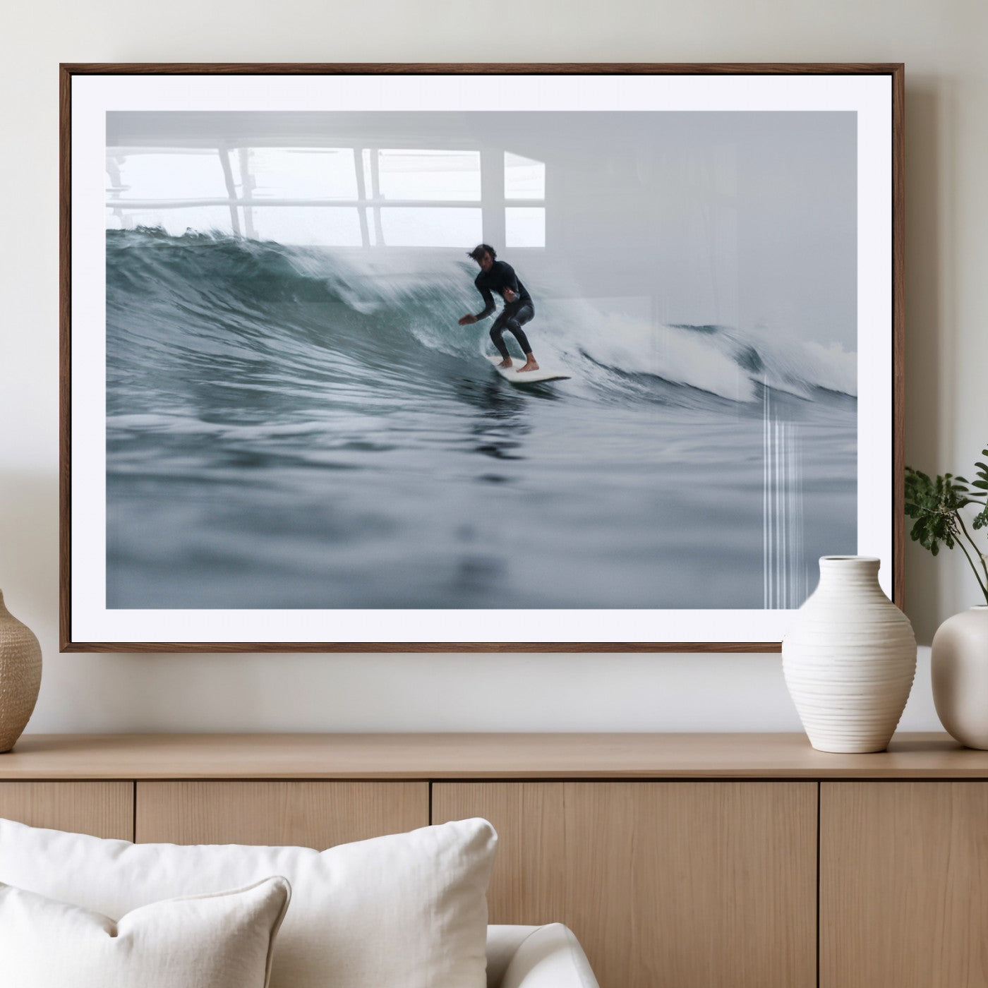 MGC-FP-36x24 - Surfer on Wave Wall Art Canvas Print, Framed Ocean Adventure Art Picture Print, Motion Blur Water Perfect Coastal Adventure Decor Artwork