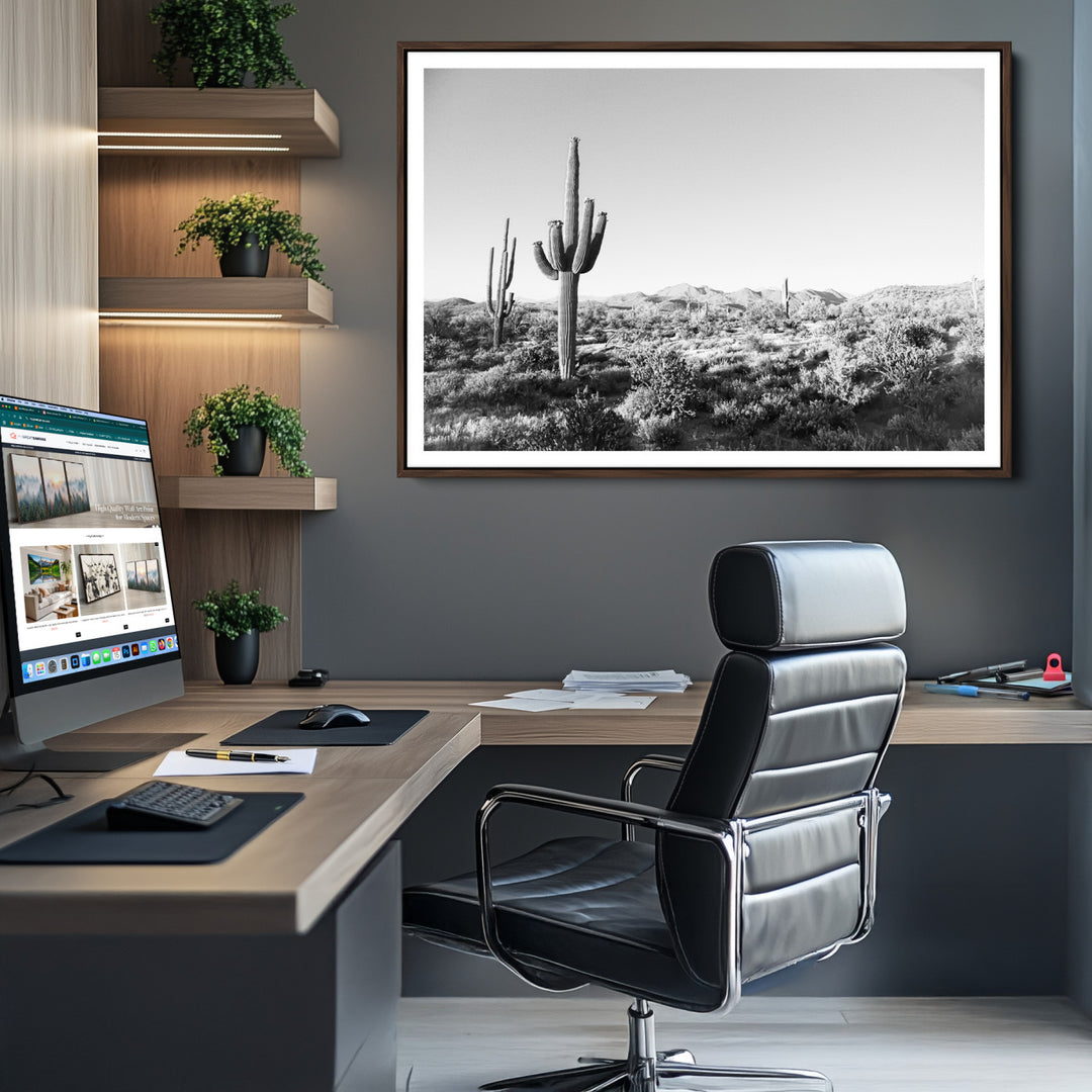 Saguaro Cactus Canvas Print Wall Art , Monochrome Landscape Print, Framed Scenic Arizona Art Print, Large Timeless Western Aesthetic
