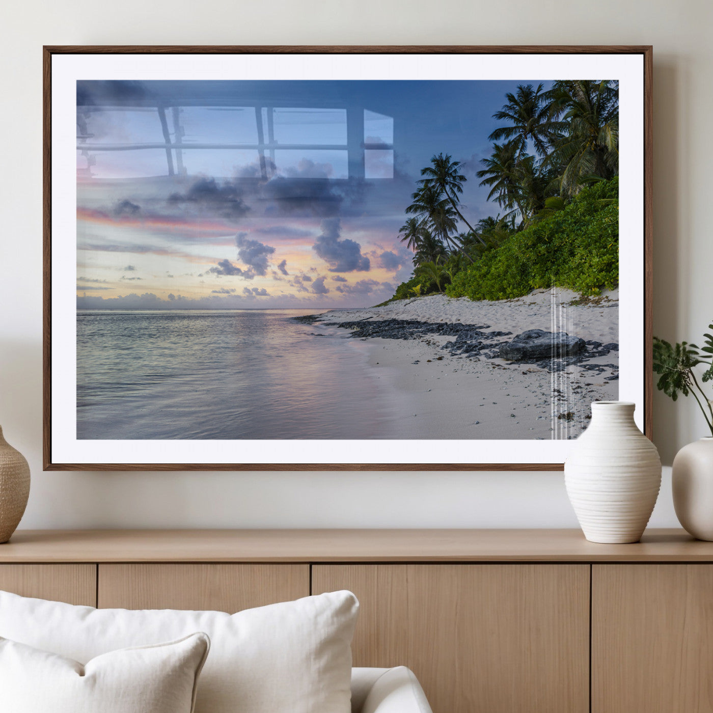 MGC-FP-36x24 - Tropical Beach Wall Art Canvas Print, Framed Sunset Glow Art Picture Print, Palm Tree Coast Perfect Tropical Coastal Decor Artwork