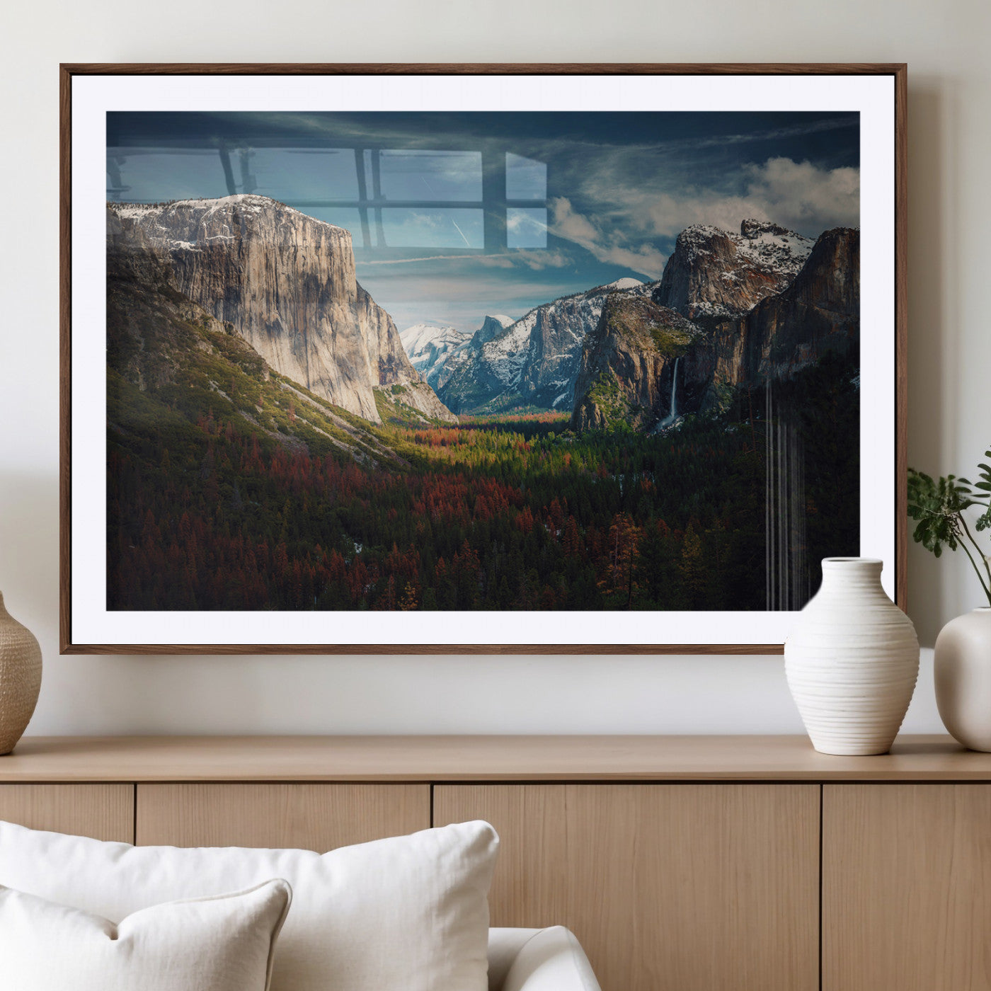 Framed canvas print of Yosemite National Park, featuring El Capitan and a scenic waterfall, ideal for rustic farmhouse or adventure-themed home decor.