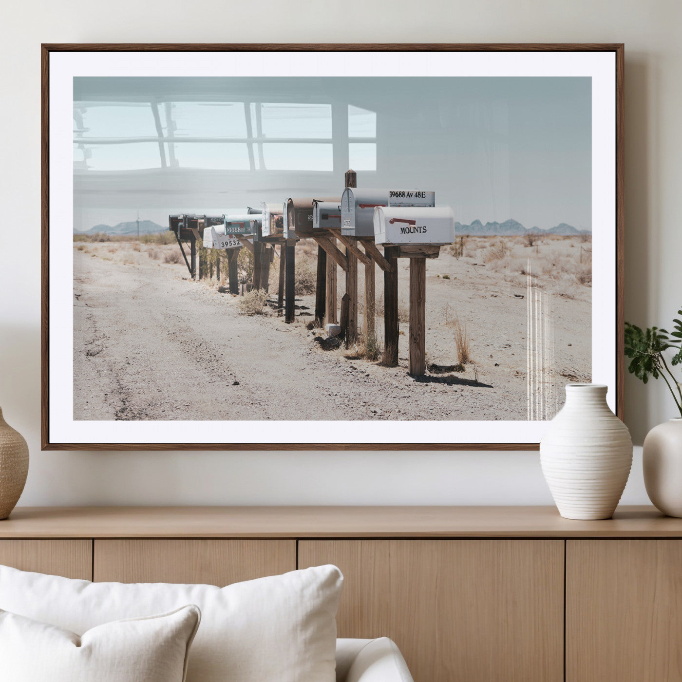 MGC-FP-36x24 - Desert Mailboxes Canvas Print – Minimal Western Landscape Photography, Rustic Americana Wall Art for