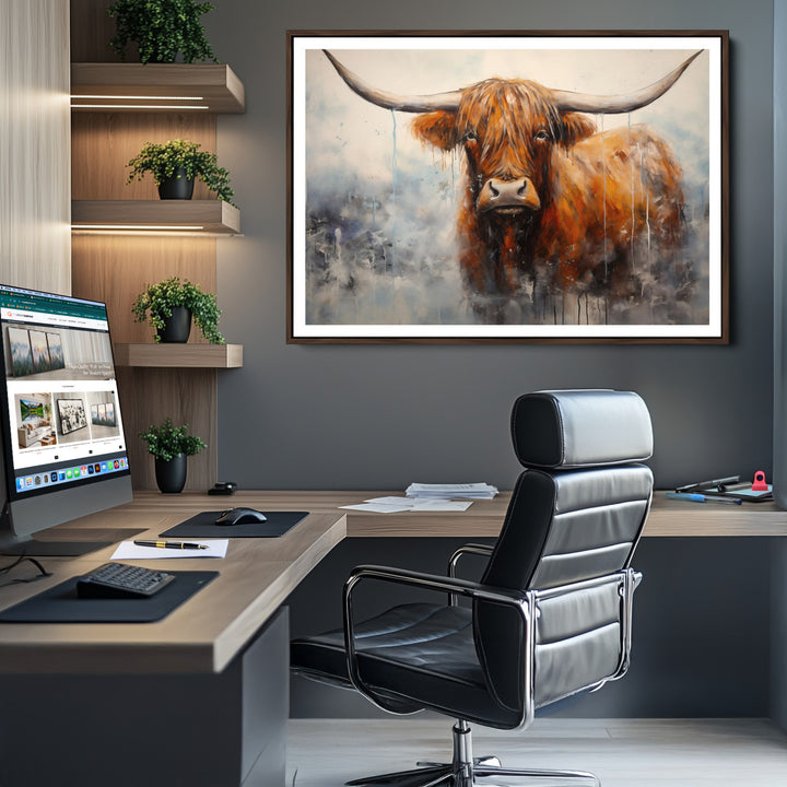 Scottish Highland Wall Art Canvas Print, Framed Longhorn Art Picture Print, Western Cow Perfect Farmhouse Decor Artwork