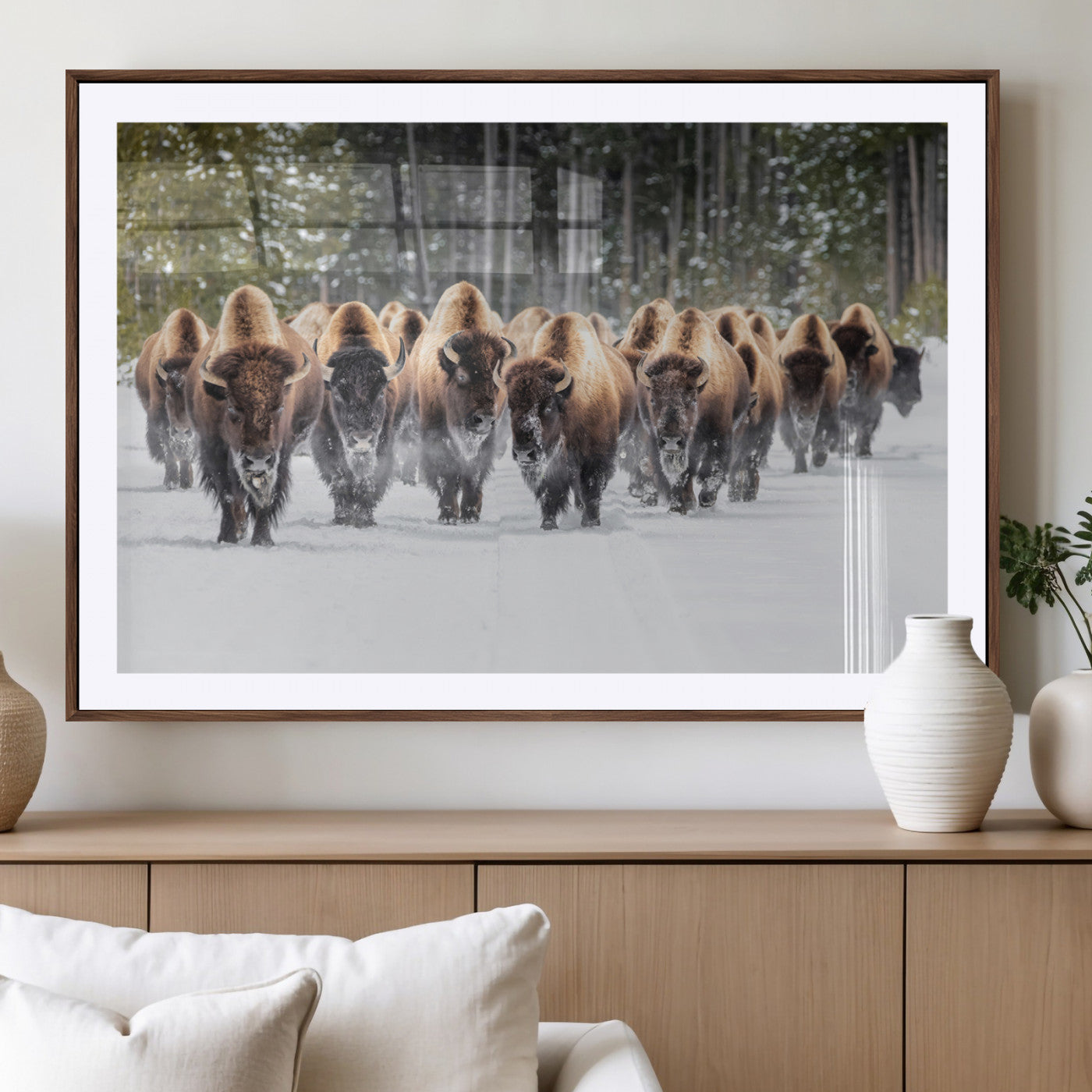 96906195-MGC-FP-36x24 - American Bison Herd Snow Canvas Wall Art – Powerful Winter Wildlife Print of Buffalo Motion, Rustic Lodge or Western Cabin Decor for Living Room, Office