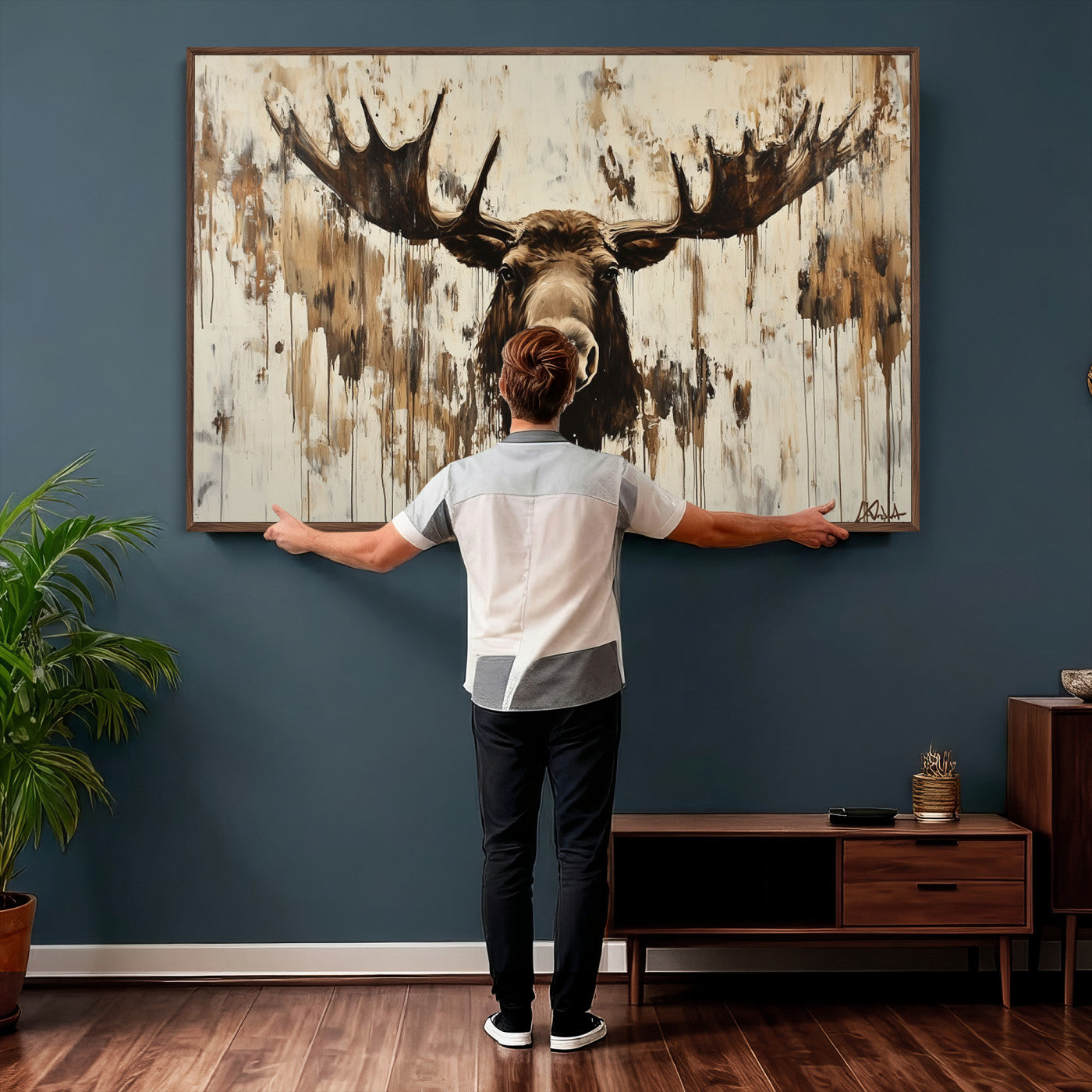 34496536-MGV-CV-36X24 - Powerful Moose Portrait Wall Art – Rich Earthy Tones, Expressive Brushstrokes, Striking Gaze, Raw Nature Vibes Decor for Home or Office