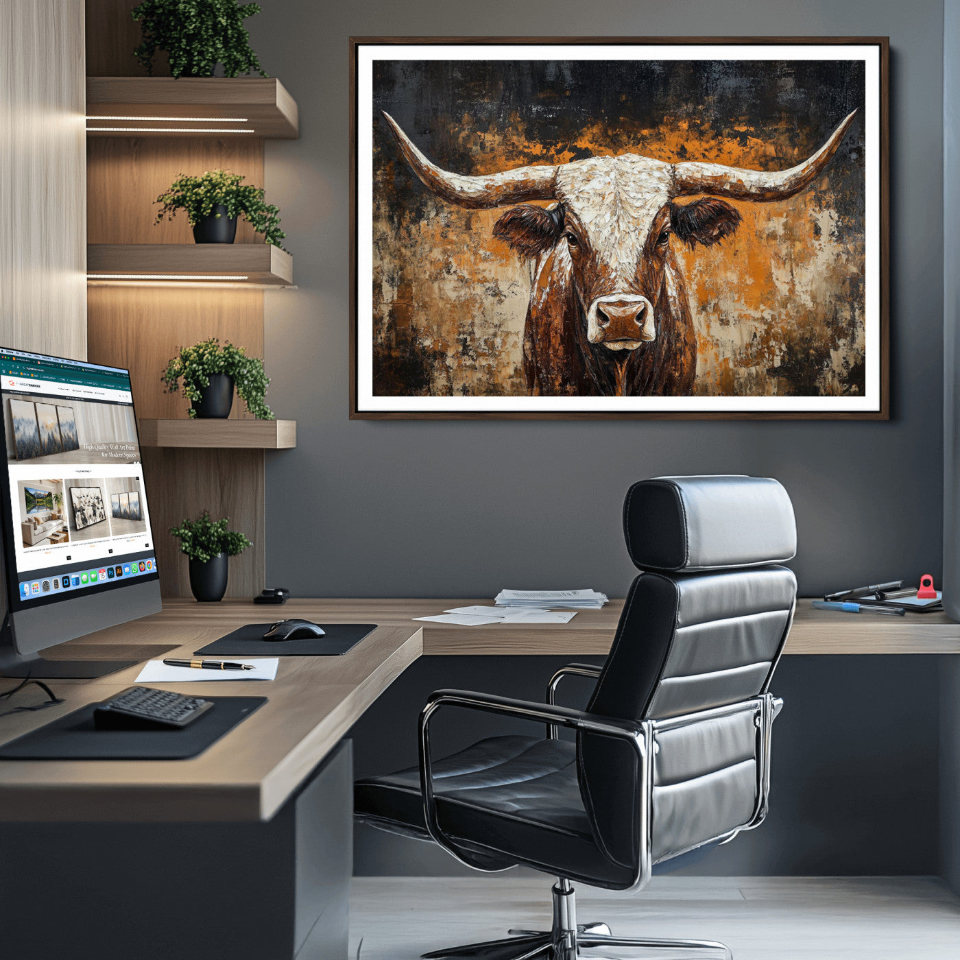 25265572-MGV-CV-36X24-Rustic Longhorn Bull Wall Art Canvas Print – Vintage Western Cattle Painting, Texas Steer Artwork for Ranch, Farmhouse or Cowboy Decor