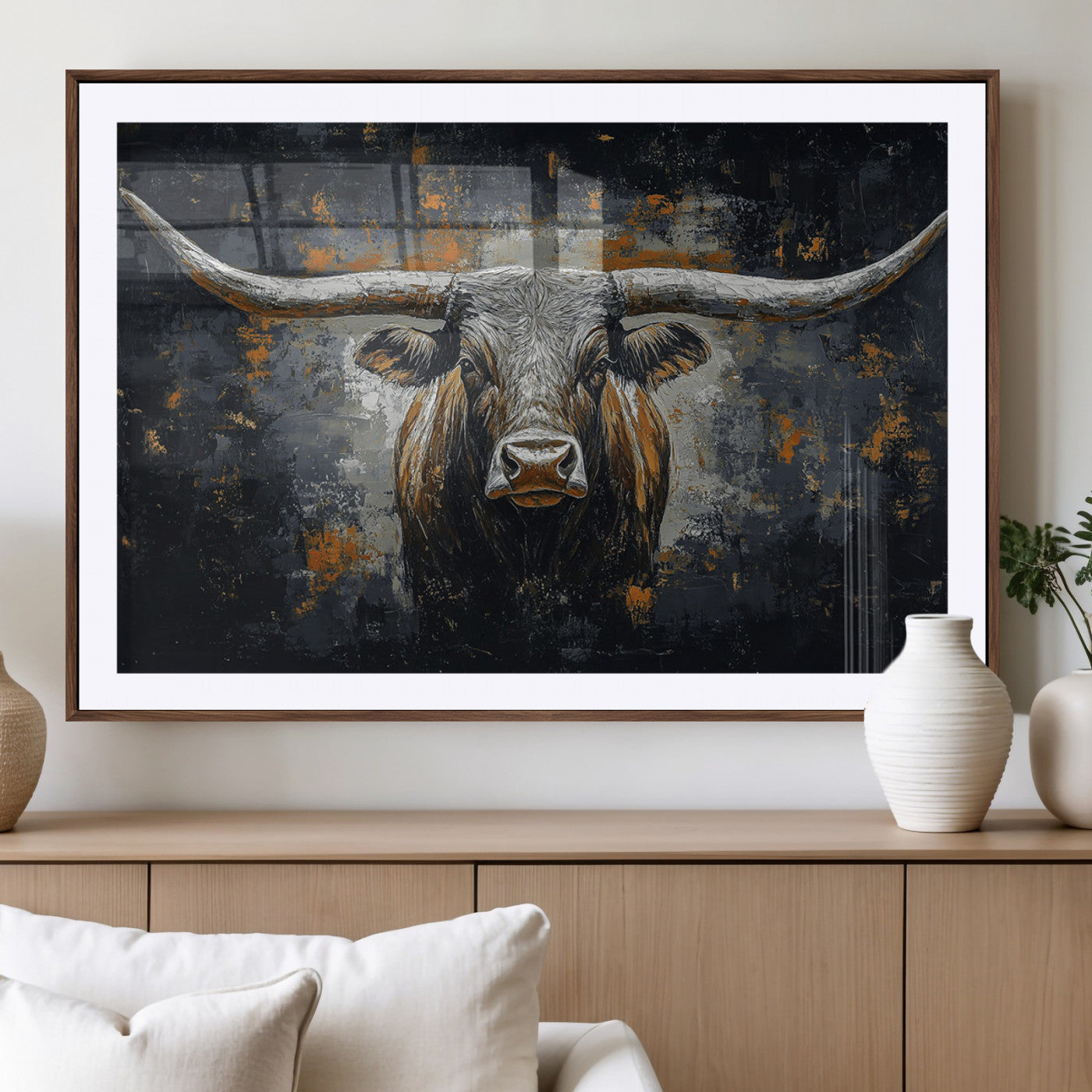 Rustic Longhorn Bull Wall Art Canvas Print – Vintage Western Cattle Painting, Texas Steer Artwork for Ranch, Farmhouse or Cowboy Decor