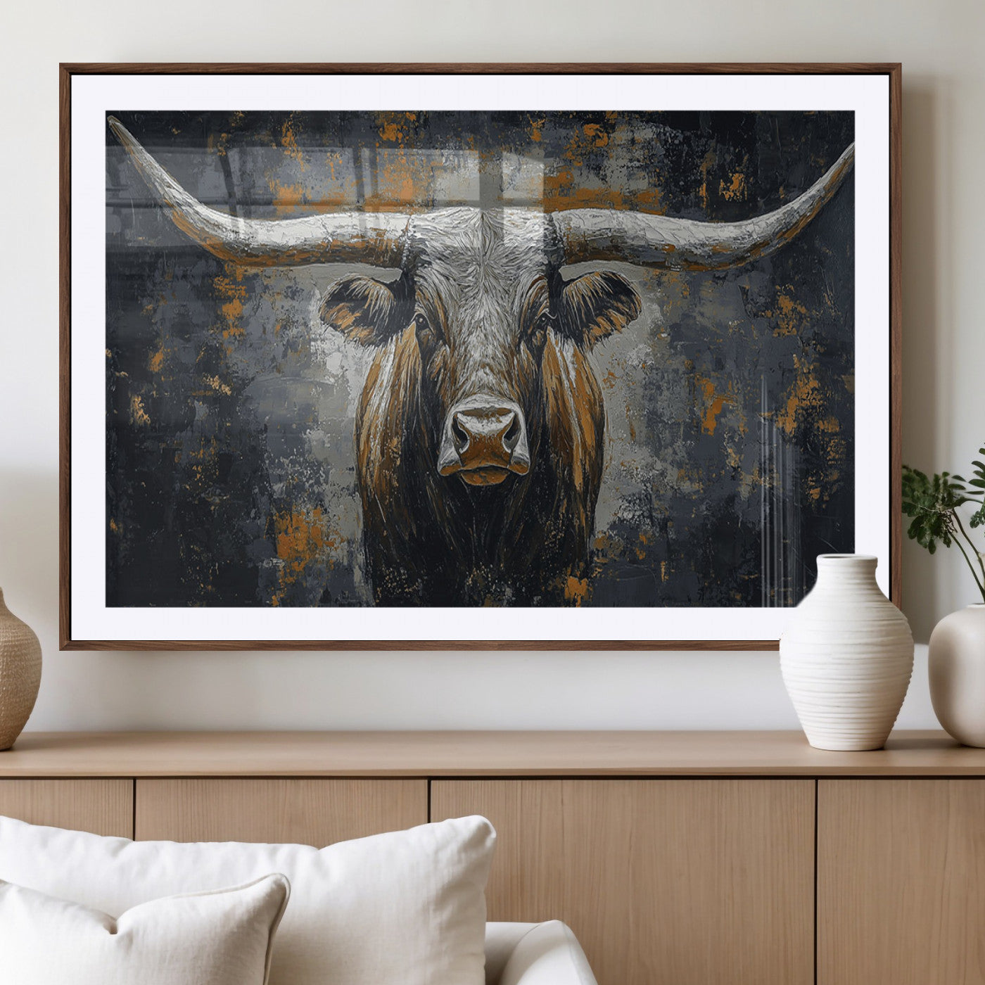 73972561-MGV-CV-36X24 - Bold Bull Wall Art Canvas – Striking Portrait with Wide Horns and Rich Brown Hues, Rustic Farmhouse and Western Decor for Home Room