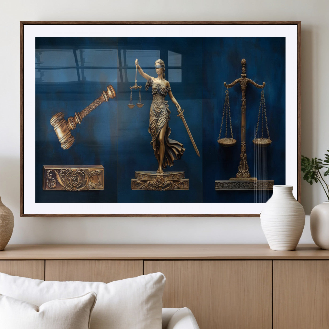 MGC-FP-36x24 - Lady Justice Wall Art Canvas Print – Elegant Gold Legal Symbols on Blue Background, Perfect for Law