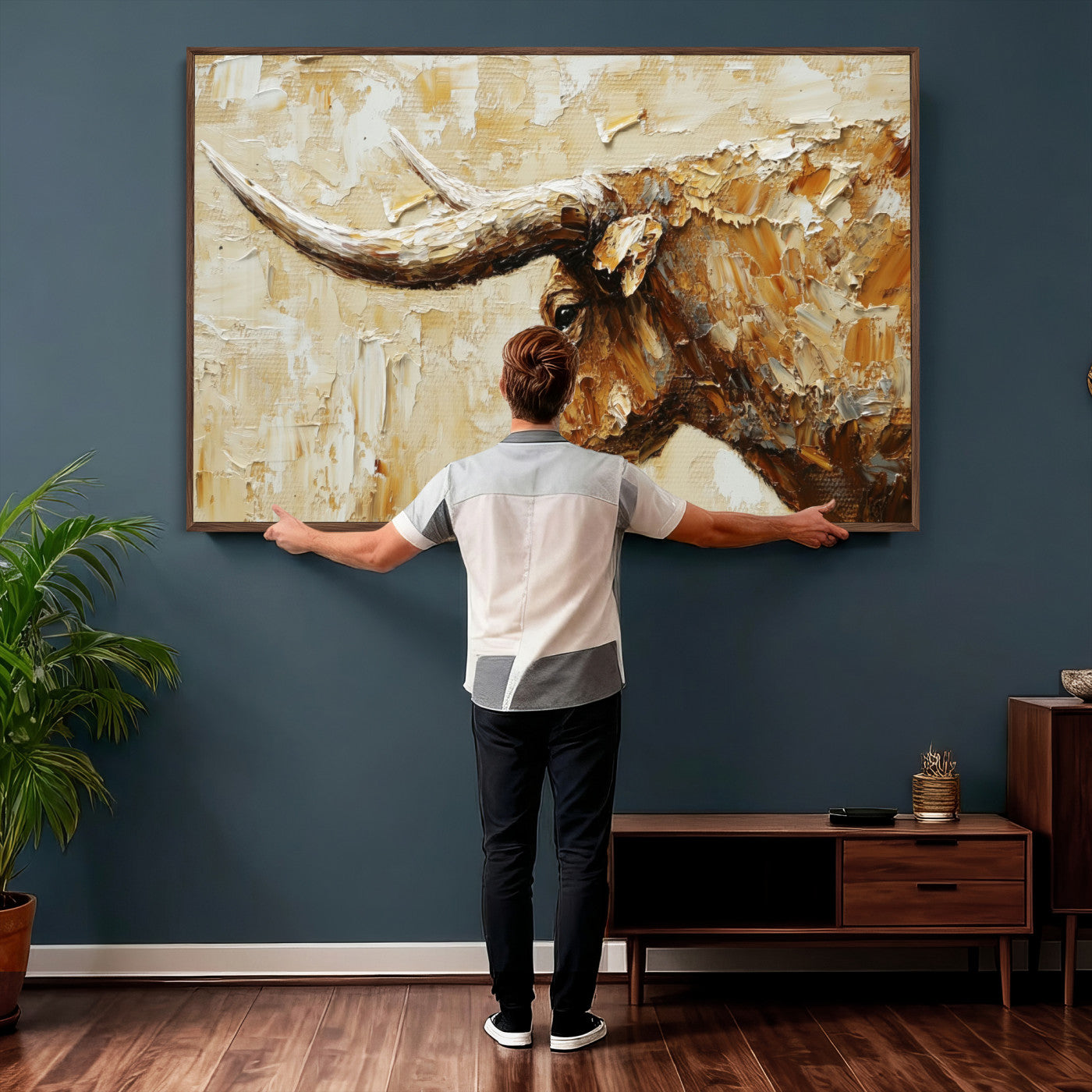 69611428-MGV-CV-36X24 - Rustic Longhorn Bull Wall Art Canvas Print – Vintage Western Cattle Painting, Texas Abstract Wall Cow Prints