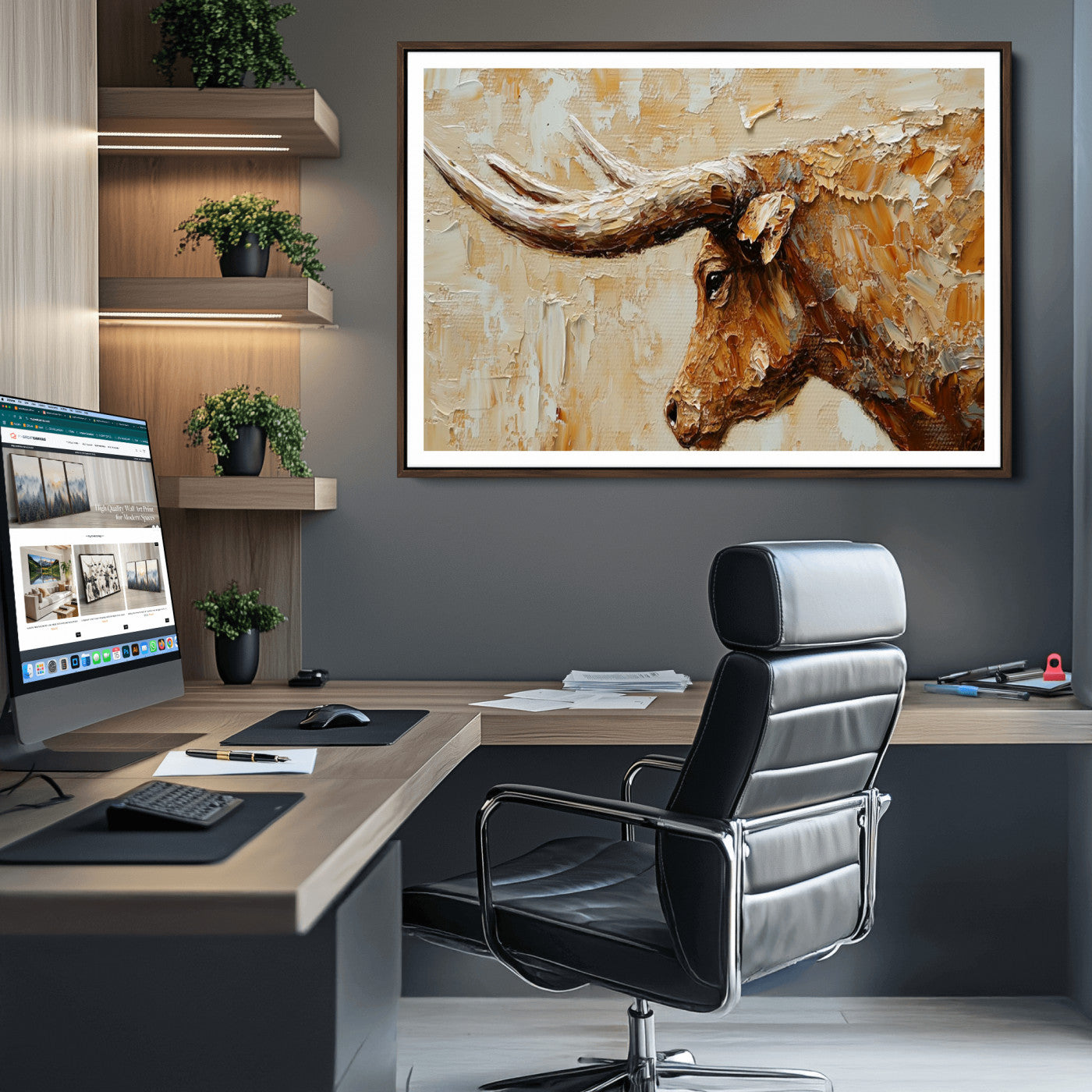 Rustic Longhorn Bull Wall Art Canvas Print – Vintage Western Cattle Painting, Texas Steer Artwork for Ranch, Farmhouse or Cowboy Decor