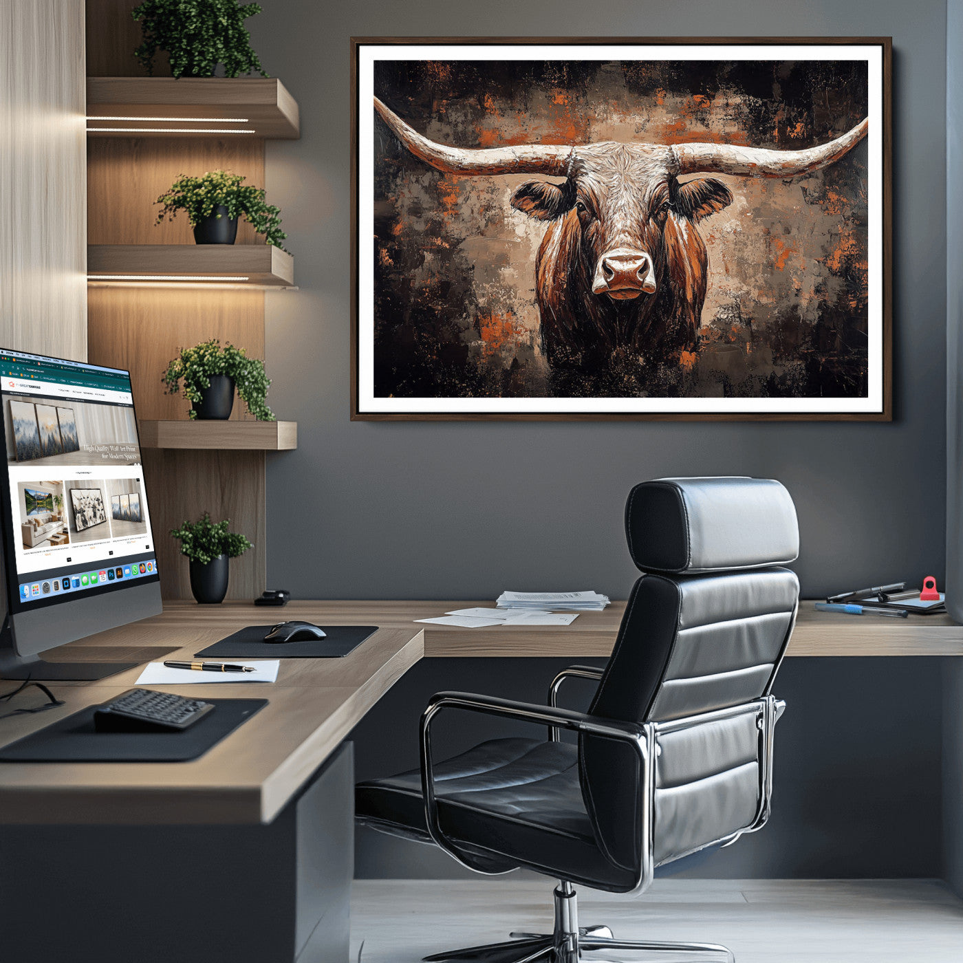 24779067-MGV-CV-36X24-Rustic Longhorn Bull Wall Art Canvas Print – Vintage Western Cattle Painting, Texas Steer Artwork for Ranch, Farmhouse or Cowboy Decor