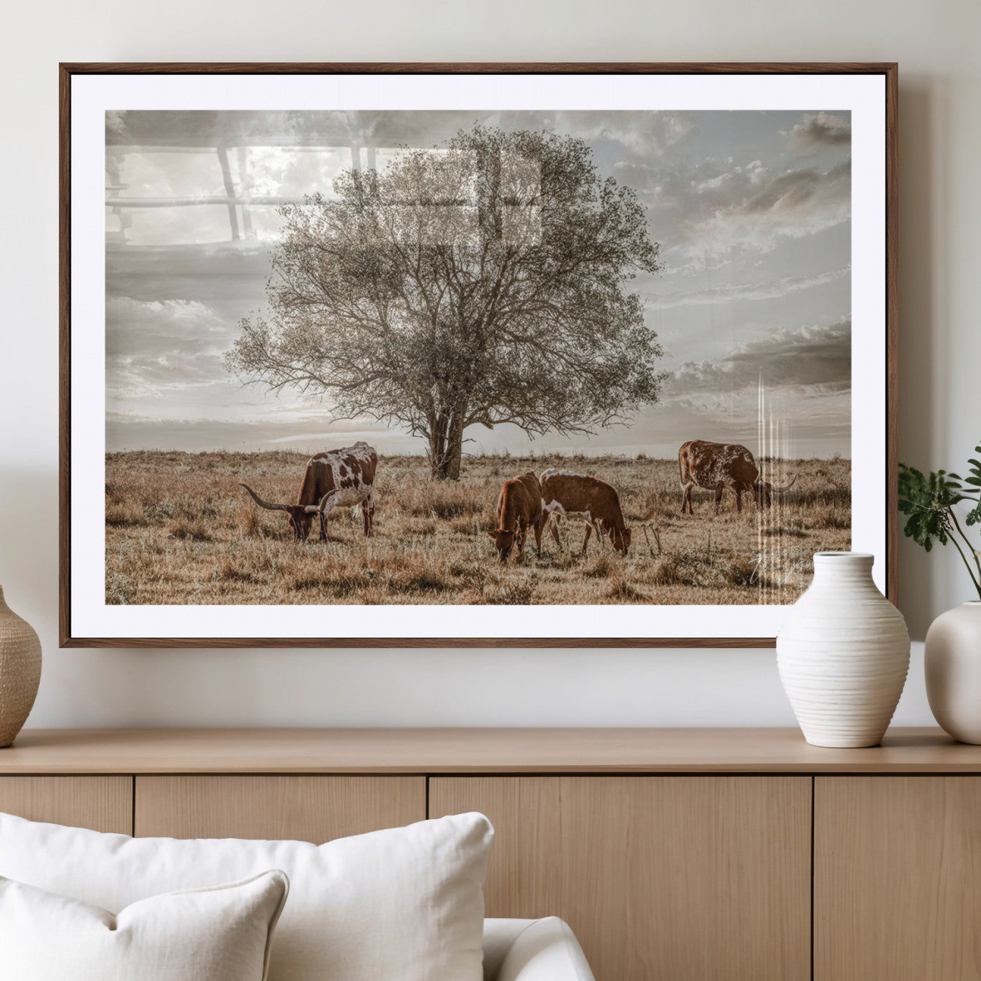 Texas Longhorn Cattle Wall Art Canvas Print – Rustic Western Ranch Scene with Steers at Sunset, Perfect for Farmhouse or Cowboy Decor