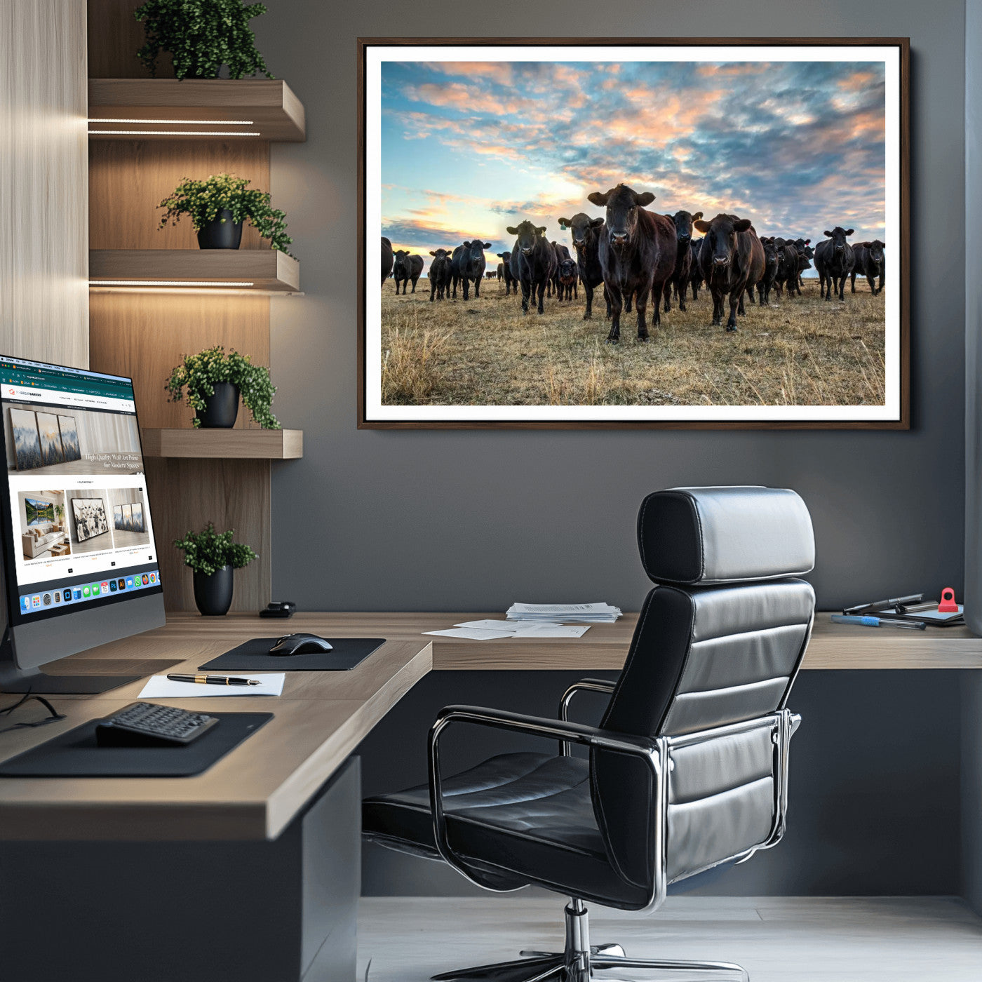 13867292-MGV-CV-36X24-Texas Longhorn Cattle Wall Art Canvas Print – Rustic Western Ranch Scene with Steers at Sunset, Perfect for Farmhouse or Cowboy Decor