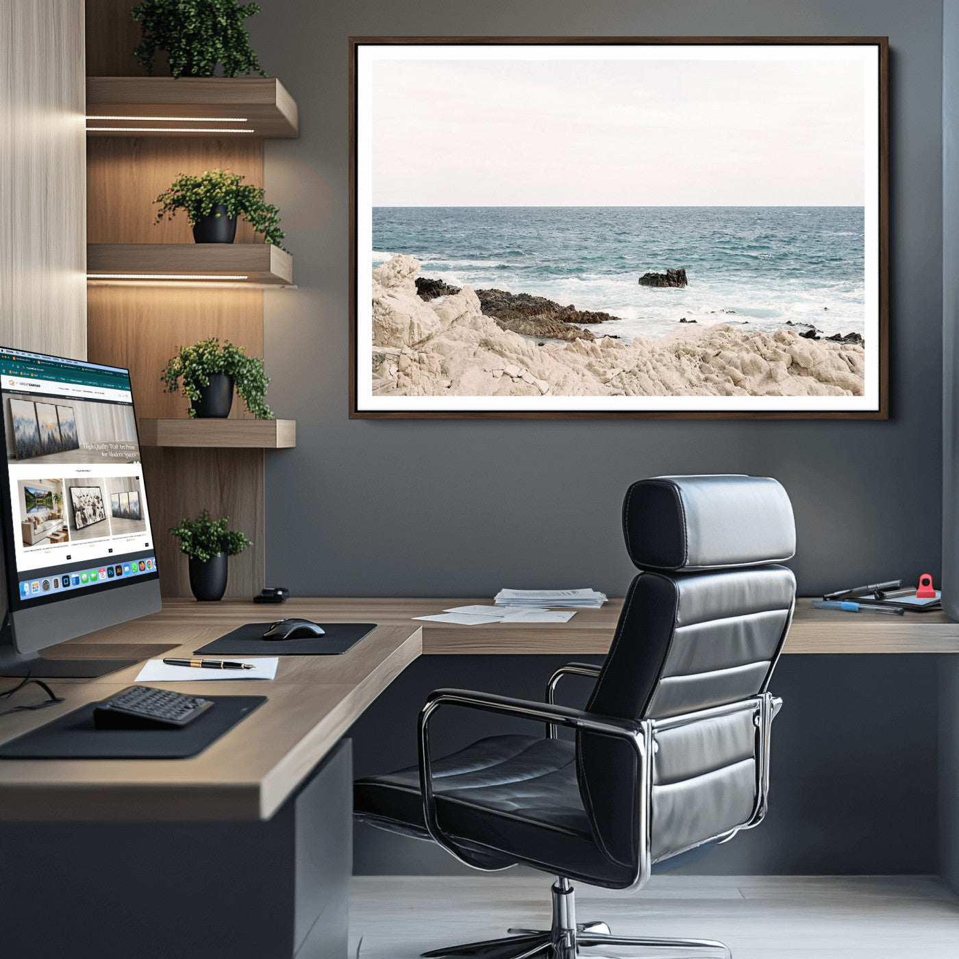 25481980-MGV-CV-36X24-Coastal Ocean View Wall Art Canvas Print – Serene Rocky Shoreline and Blue Sea Photography for Coastal Chic or Minimalist Home Decor