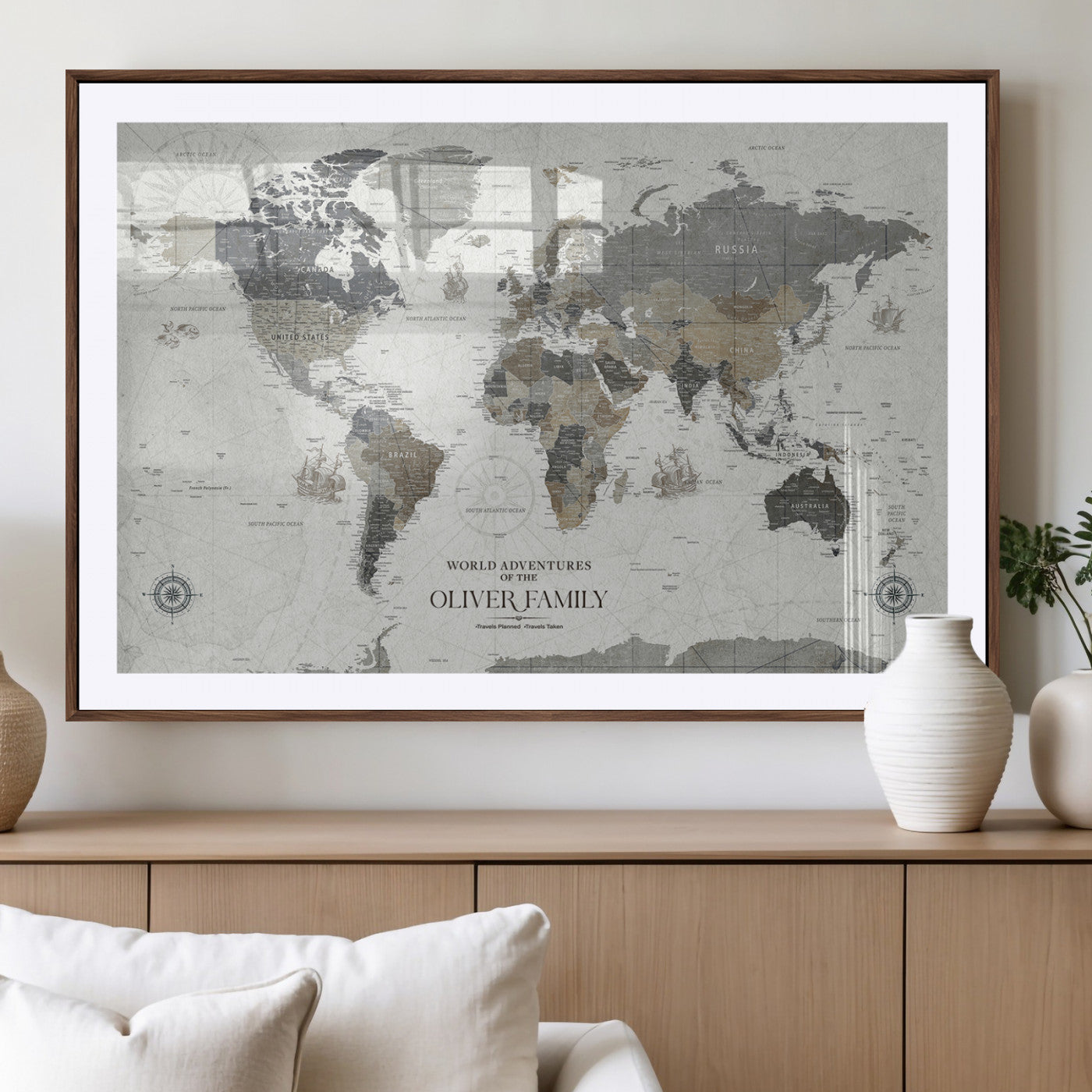 MGC-FP-36x24 - Custom Push Pin World Map Wall Canvas Print – Personalized Travel Tracker with Pins – Framed Large Multi-Size Canvas for Home Office Decor