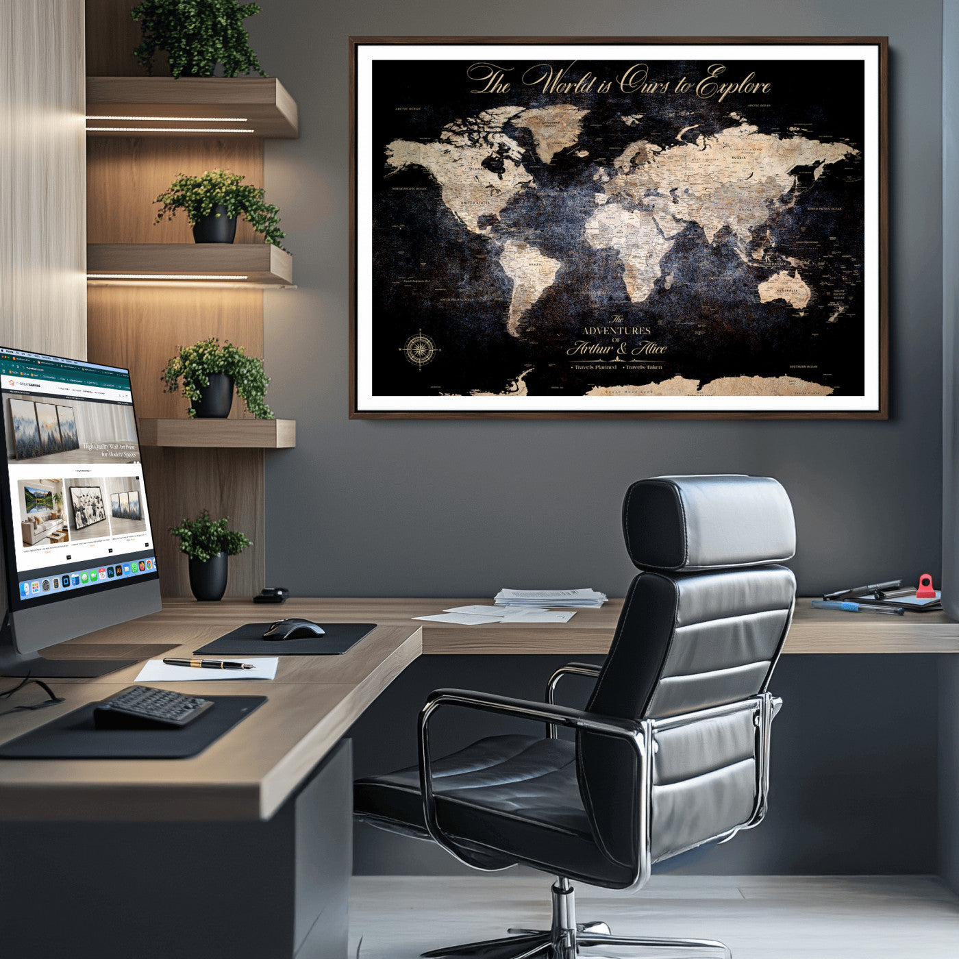 21010471-MGV-CV-36X24-Customize Push Pin World Map Wall Canvas Print, Personalized Travel Tracker with Pins, Framed Large Canvas for Home Office Decor - H37