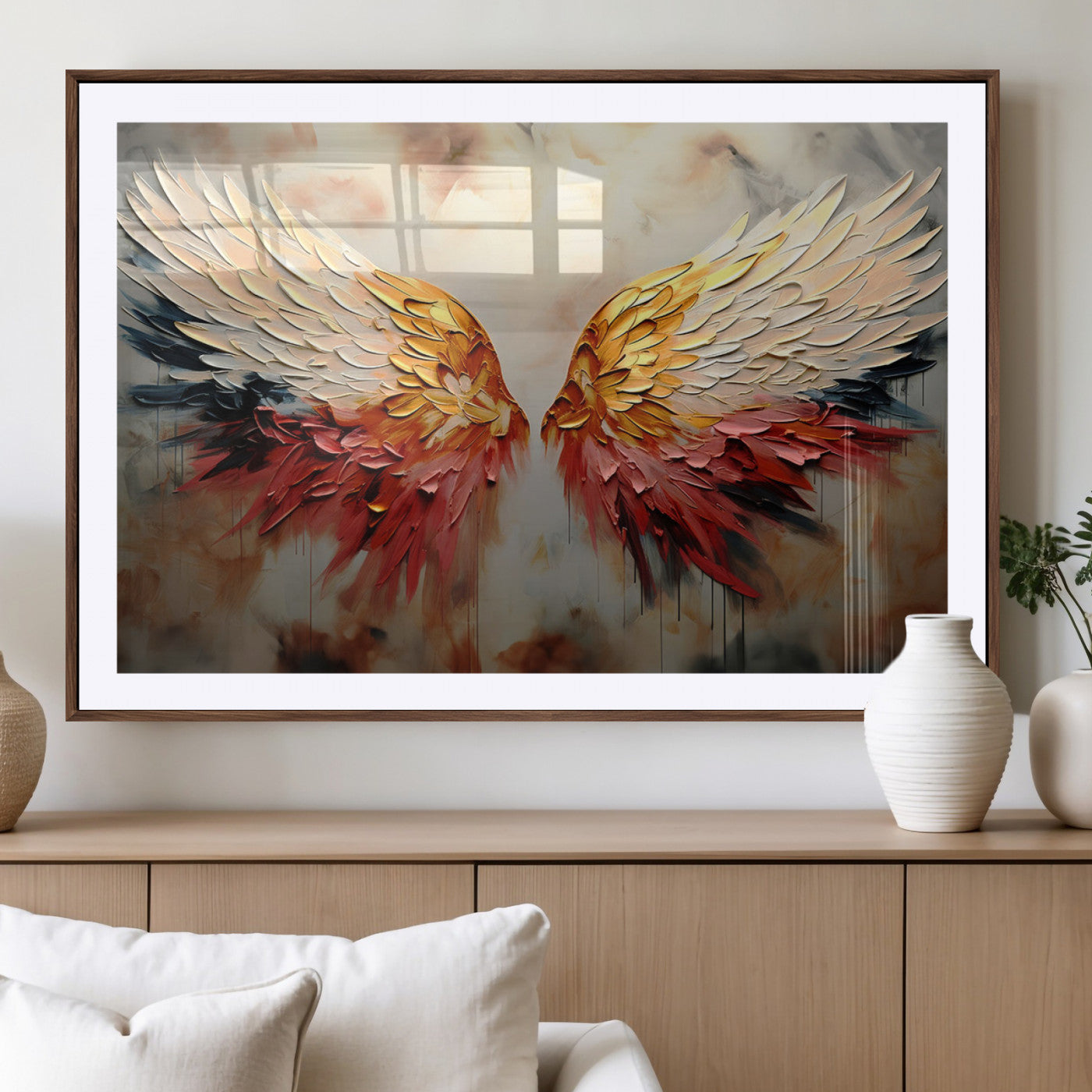A stunning 3D-style painting of angel wings with vibrant gold, red, and black hues, creating a dramatic and striking visual effect.