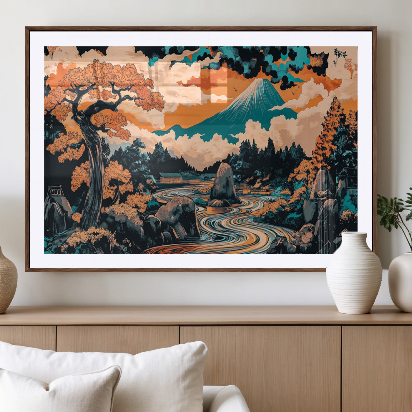 A vibrant Japanese-inspired landscape featuring Mount Fuji, a winding river, and autumn-colored trees under a dramatic sky, in bold and vivid hues.