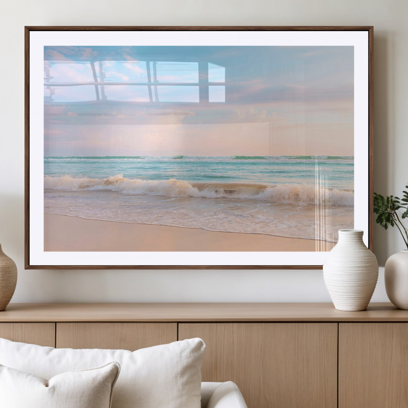 A peaceful beach scene with soft pastel skies, gentle waves washing up on the sandy shore, creating a calm and serene ocean view.