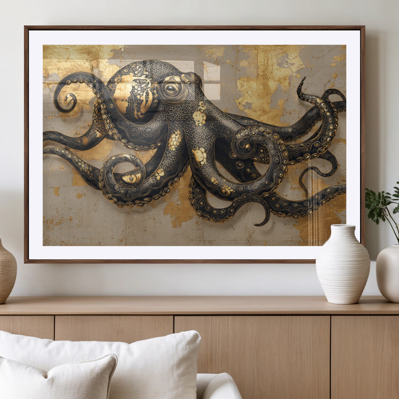 A stunning golden and black illustration of an octopus on a textured background with gold leaf accents, highlighting its intricate tentacles and unique design.