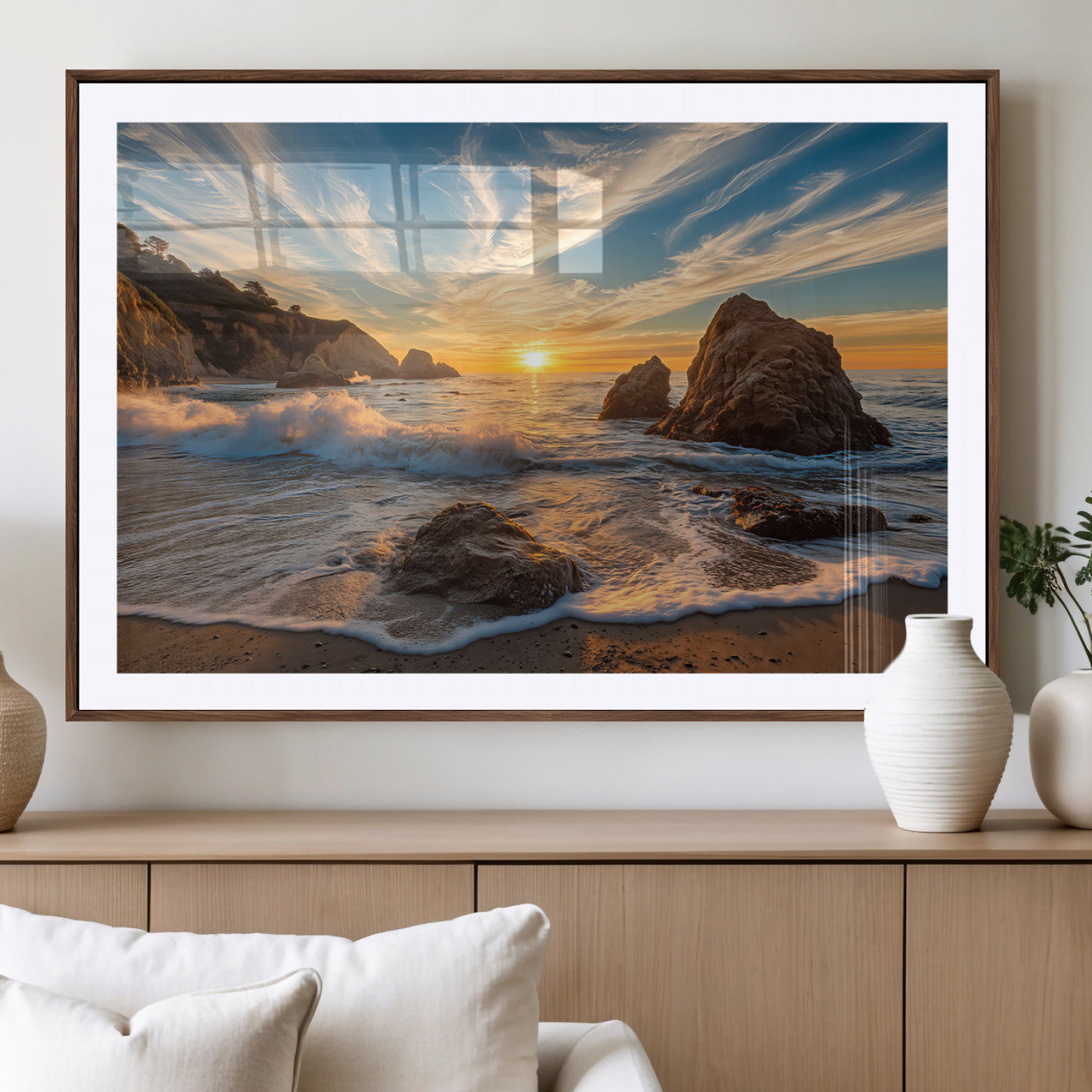 Rocky Ocean Sunset Wall Art Print, Seaside Canvas Wall Art, Dramatic Seascape Canvas Print for Coastal Modern Decor, Ocean Sunset Art Printing