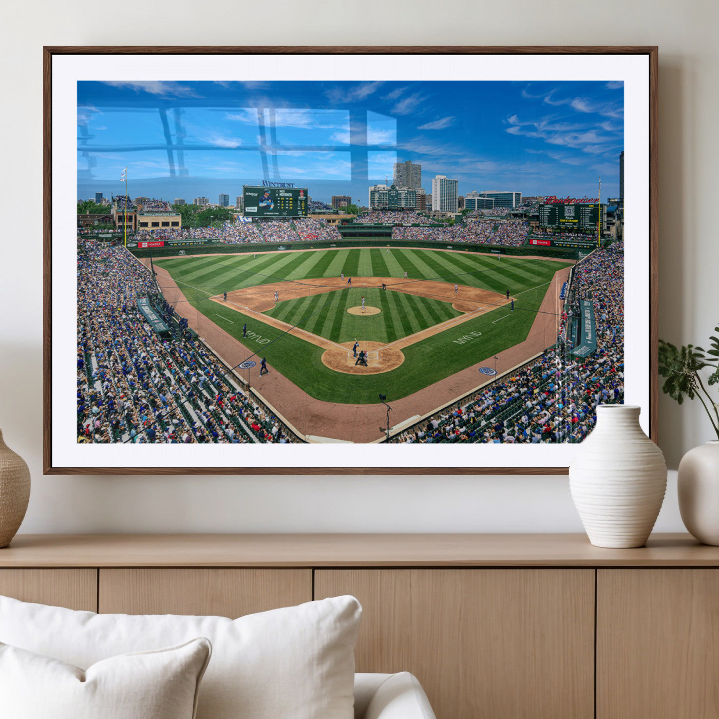 Wrigley Field Baseball Stadium Canvas Wall Art, Packed Crowd Sports Stadium Print, City Skyline Baseball Field Canvas for Game Room Decor