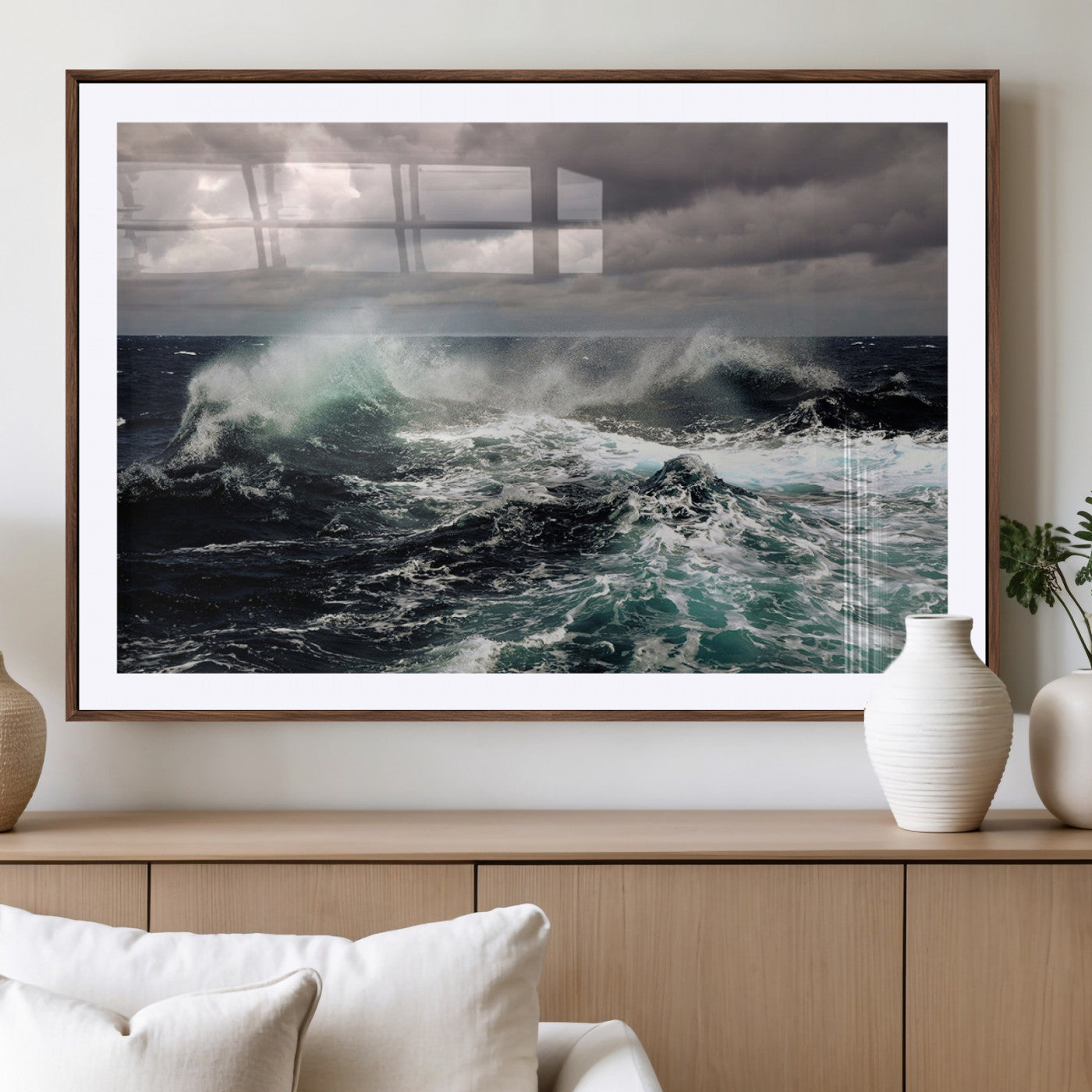 Powerful ocean waves crashing under stormy skies, creating a dynamic and intense seascape.