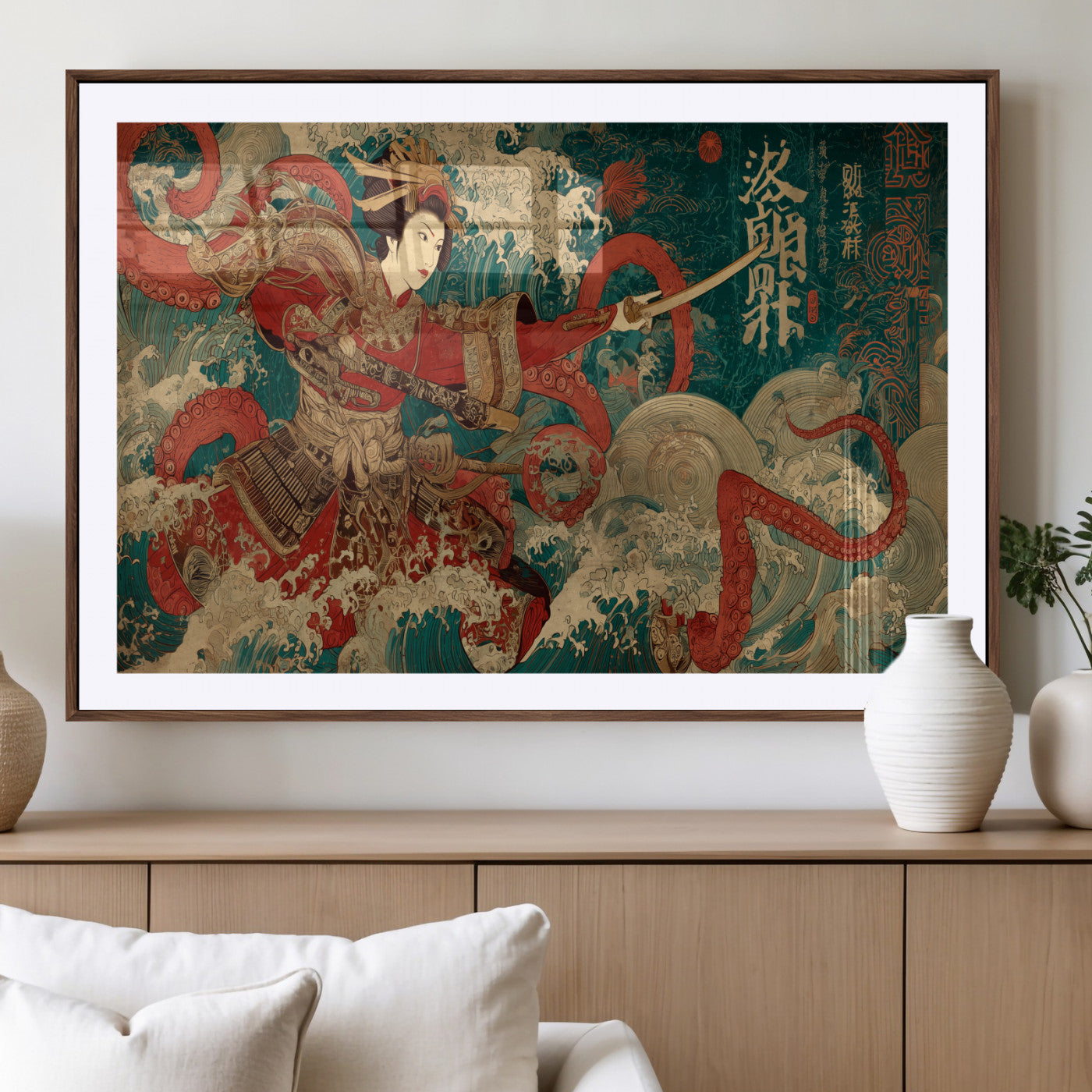 MGC-FP-36x24 - Tsukioka Yoshitoshi Samurai Wall Art Print, Japanese Katana Warrior Canvas Wall Art, Octopus Sea Monster Canvas Print,