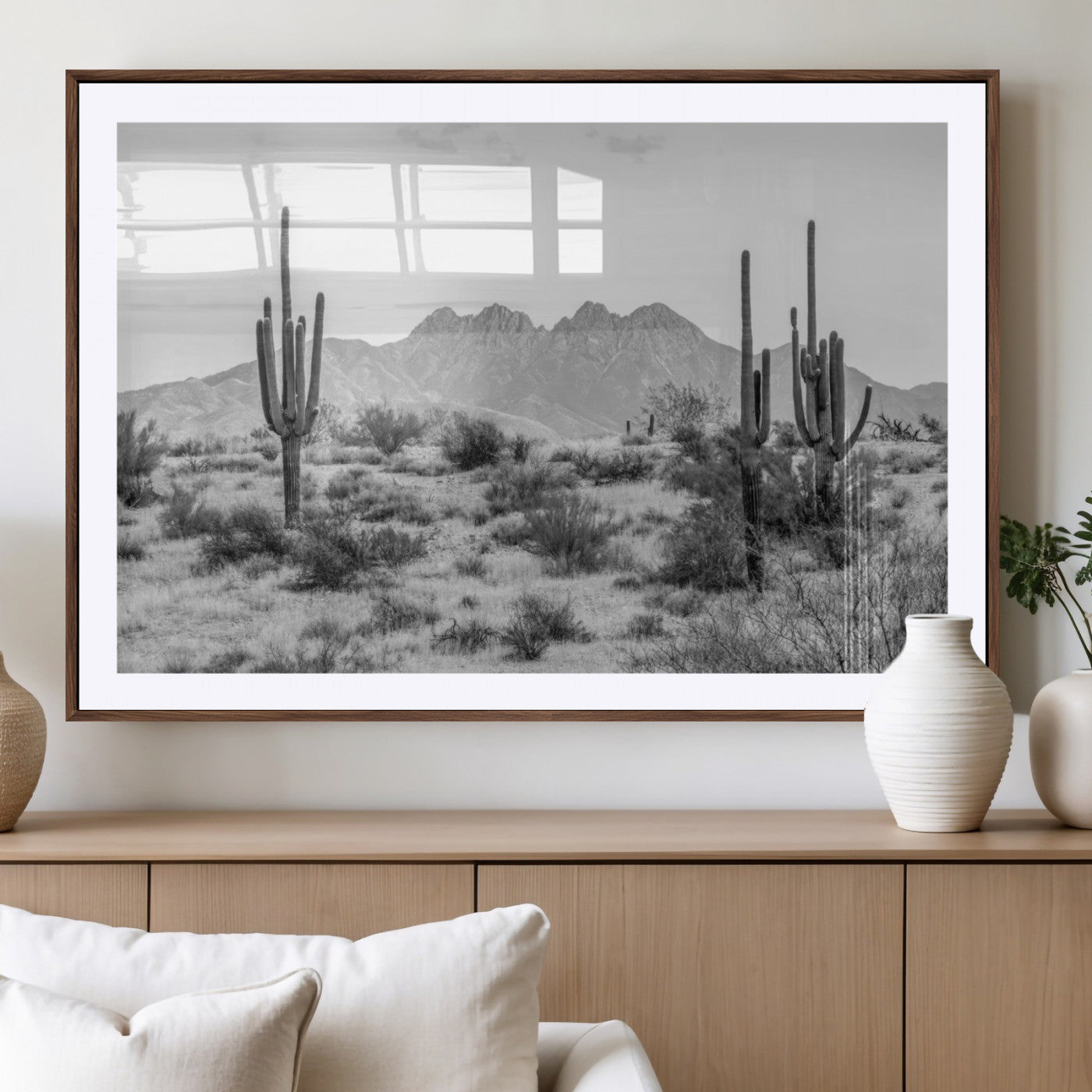 97436PHN-MGC-FP-36x24_Walnut-Black White Arizona Desert Canvas Wall Art Cactus Farmhouse Wall Art