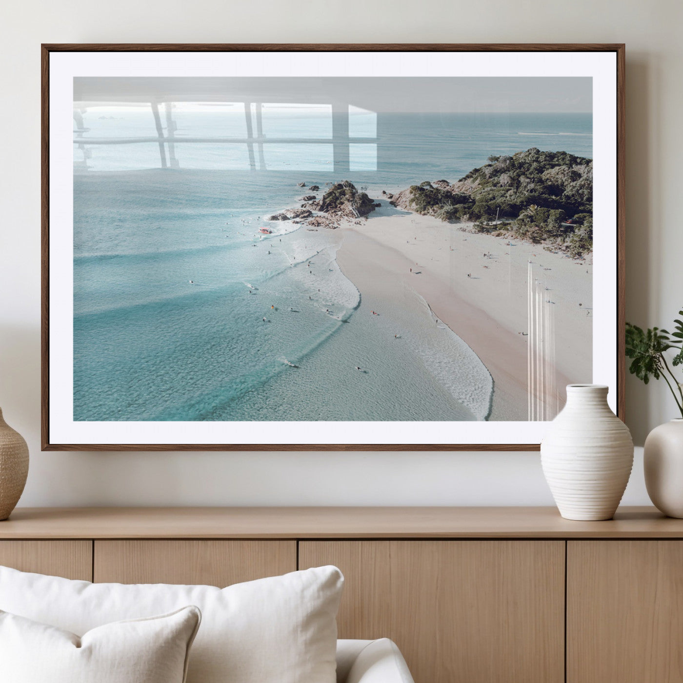 79395467-MGC-FP-40x30_Walnut-Aerial Beach Canvas Wall Art Print, Coastal Ocean Waves and Surfers, Large Scenic Seaside Canvas for Home or Office 1 Panel Wrapped Canvas
